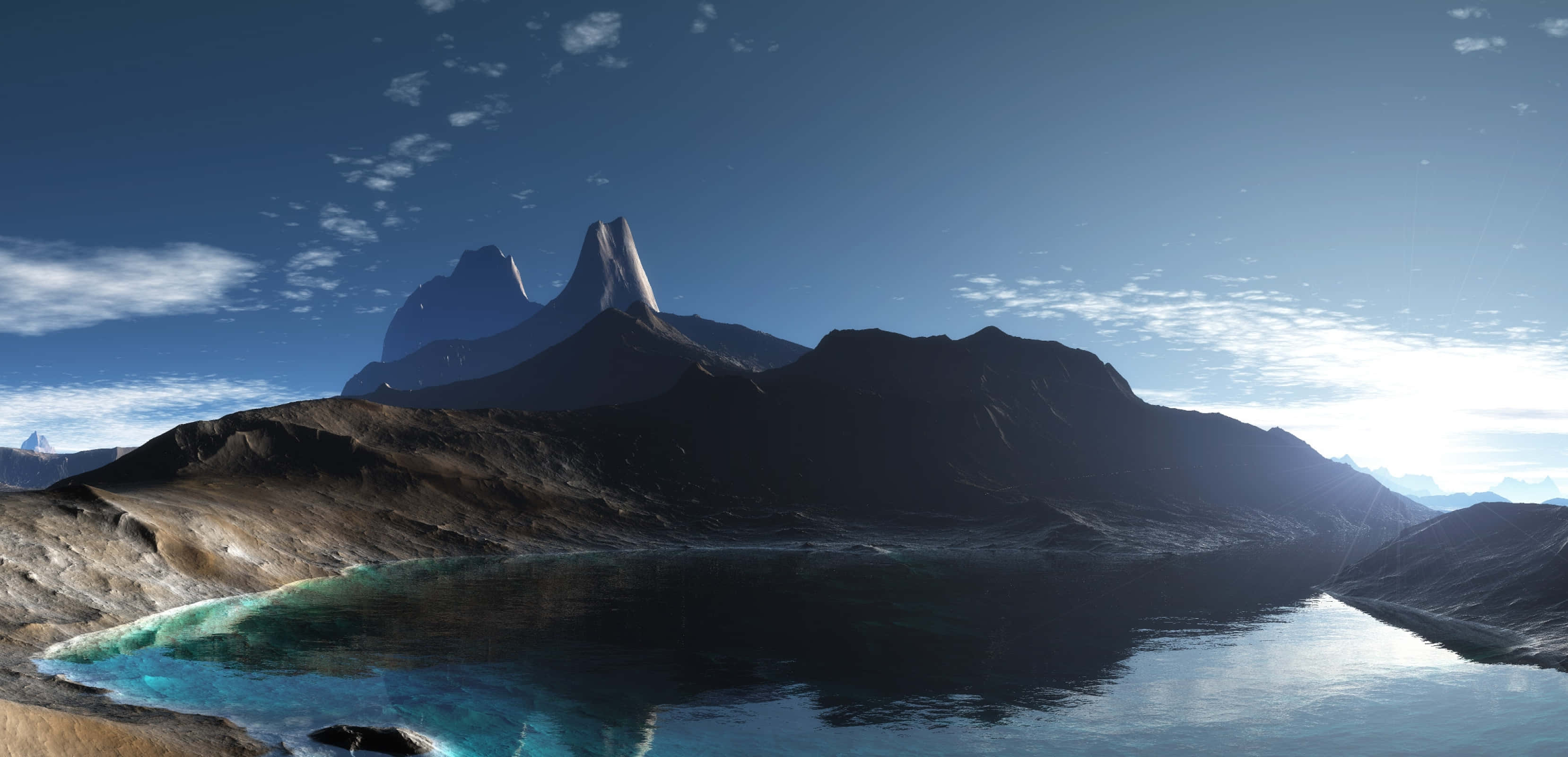 3d Landscape 桌布 壁紙 — 寧靜的山湖在清澈藍天和縷縷白雲下，倒映著鋸齒狀的山峰。