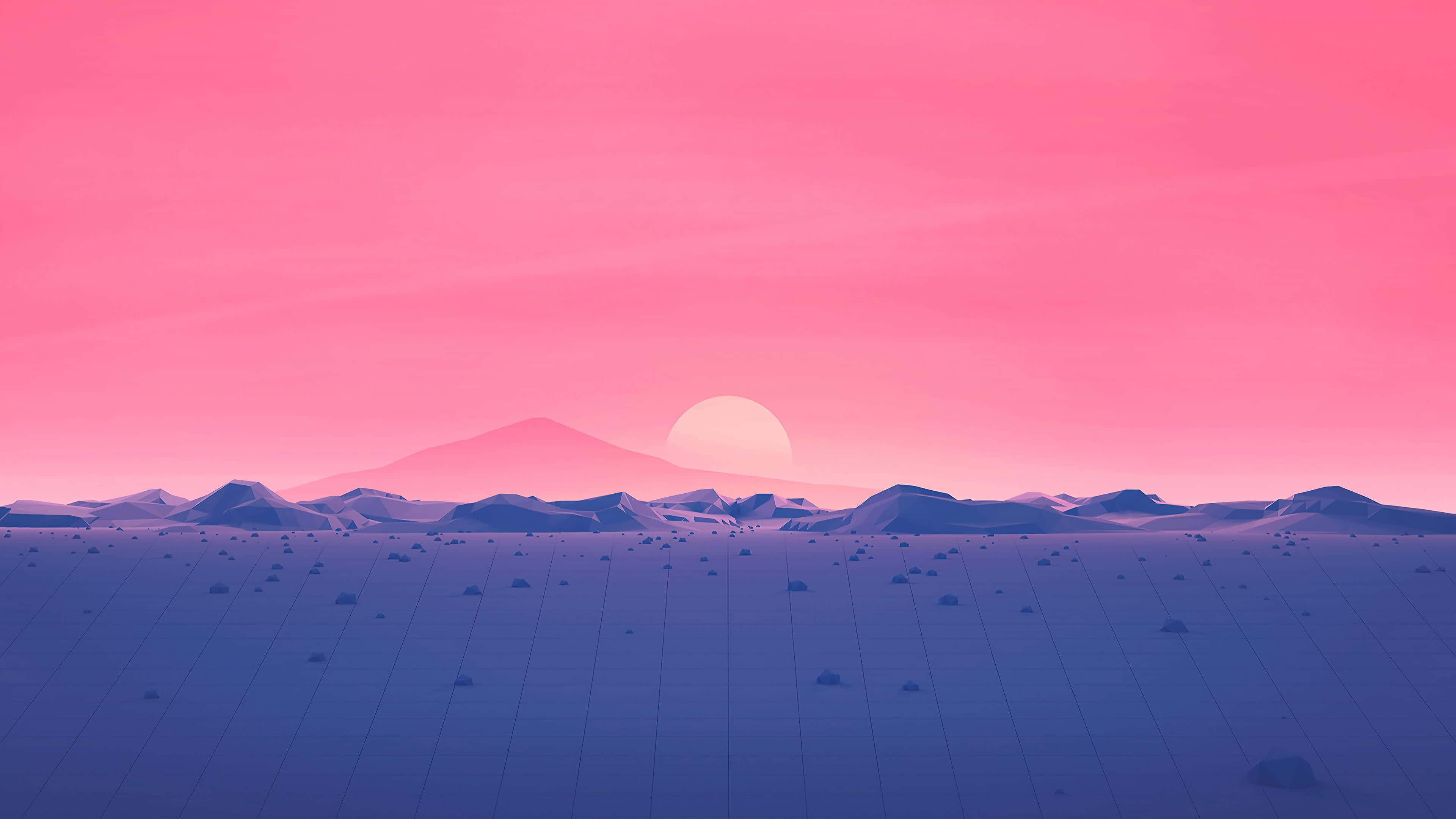 Minimalist Sunset 桌布 壁紙 — 寧靜的數位風景，粉紅色日落映照紫色山脈，前景為網格圖案。