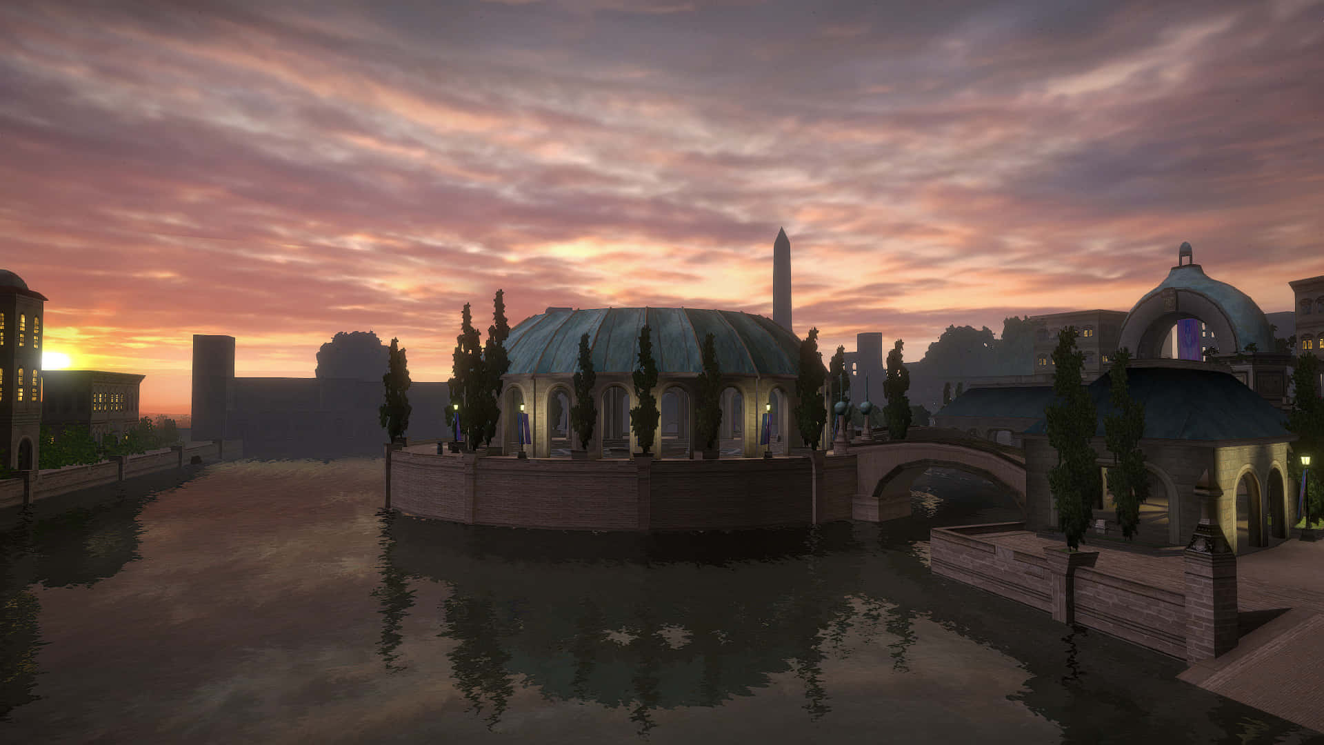 Naboo 桌布 壁紙 — 寧靜的日落，運河上有圓頂亭閣和橋樑，在粉紅色和橙色的天空下倒映在平靜的水面上。