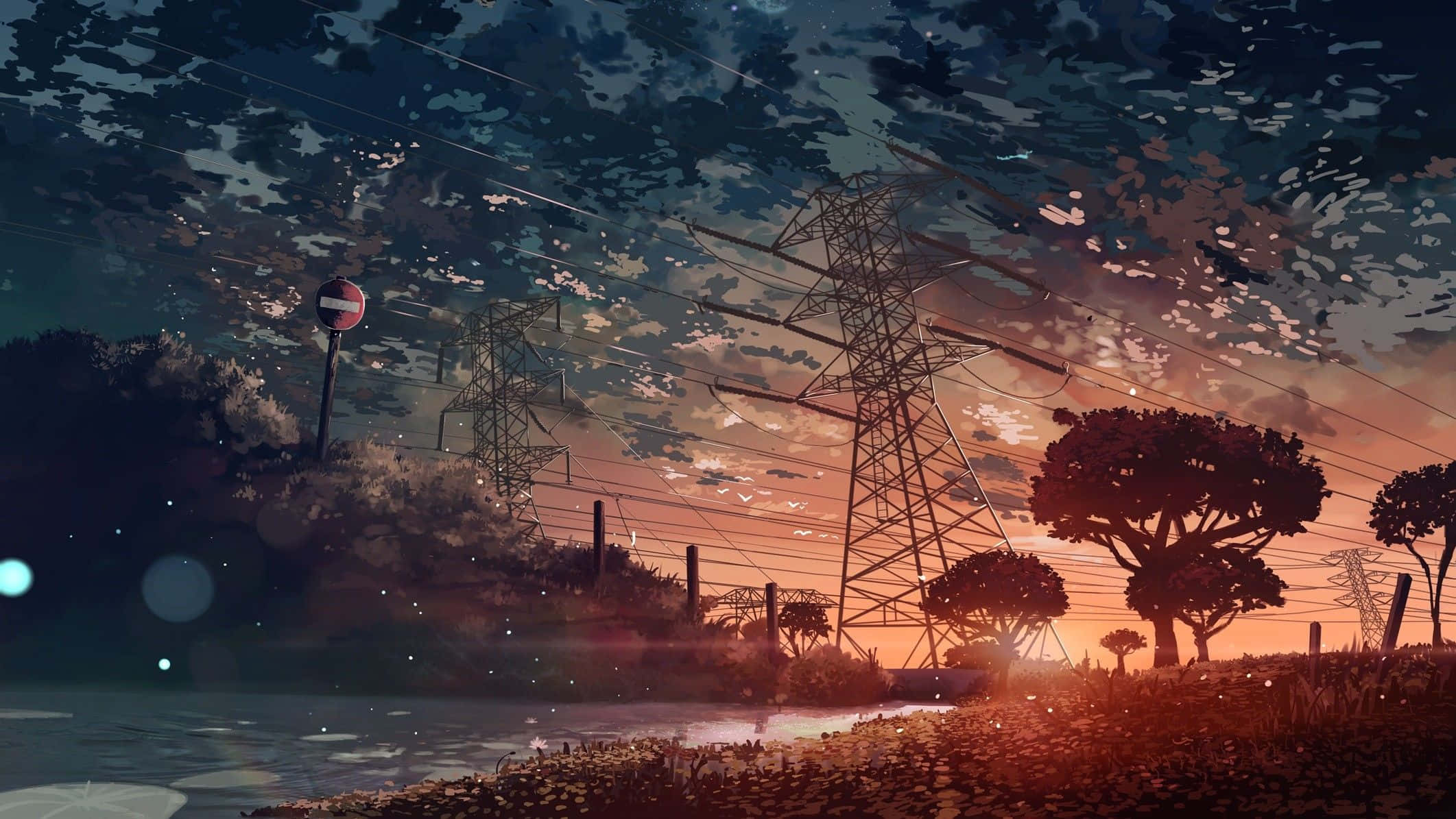 Digital Art 桌布 壁紙 — 寧靜的日落，鄉村景觀中電線和樹木在充滿活力的橙色和藍色天空下形成剪影。