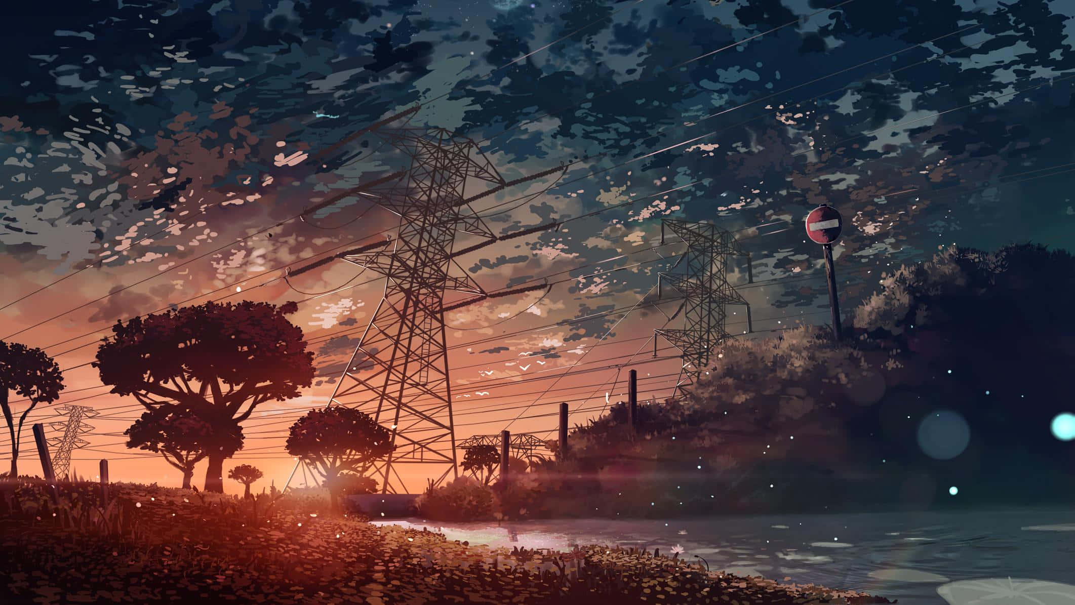 Aesthetic Anime City 桌布 壁紙 — 寧靜的日落景觀，電線和樹木在充滿活力的橙色和藍色天空下形成剪影。