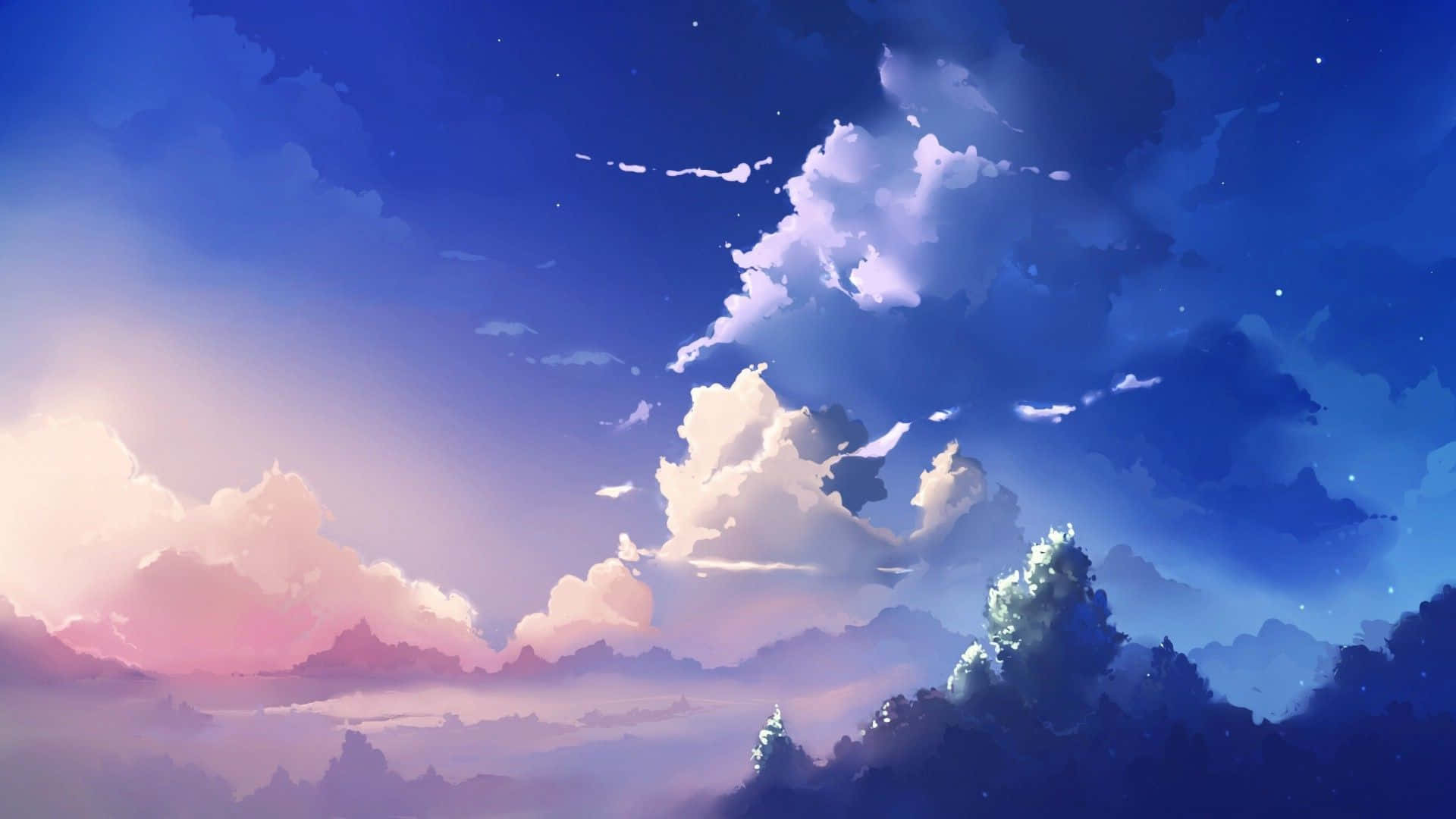 靚靚動畫 桌布 壁紙 — 寧靜的暮色天空，在繁星點點的廣闊天際下，柔和的粉紅色和藍色雲彩籠罩著剪影般的樹木。