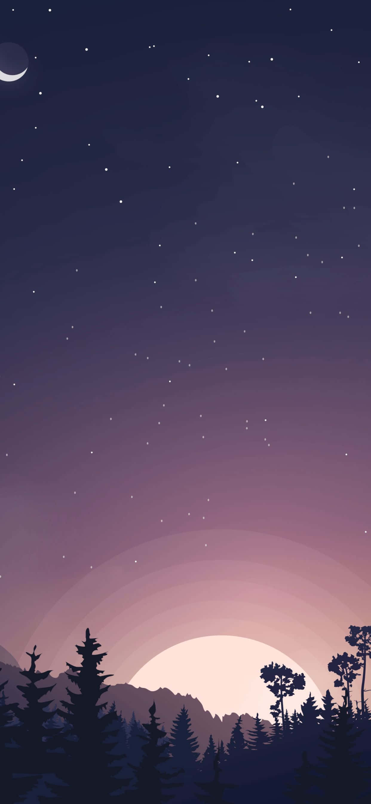 Minimalist Phone 桌布 壁紙 — 寧靜的暮色天空，新月和星星在松樹和山脈的剪影上方。