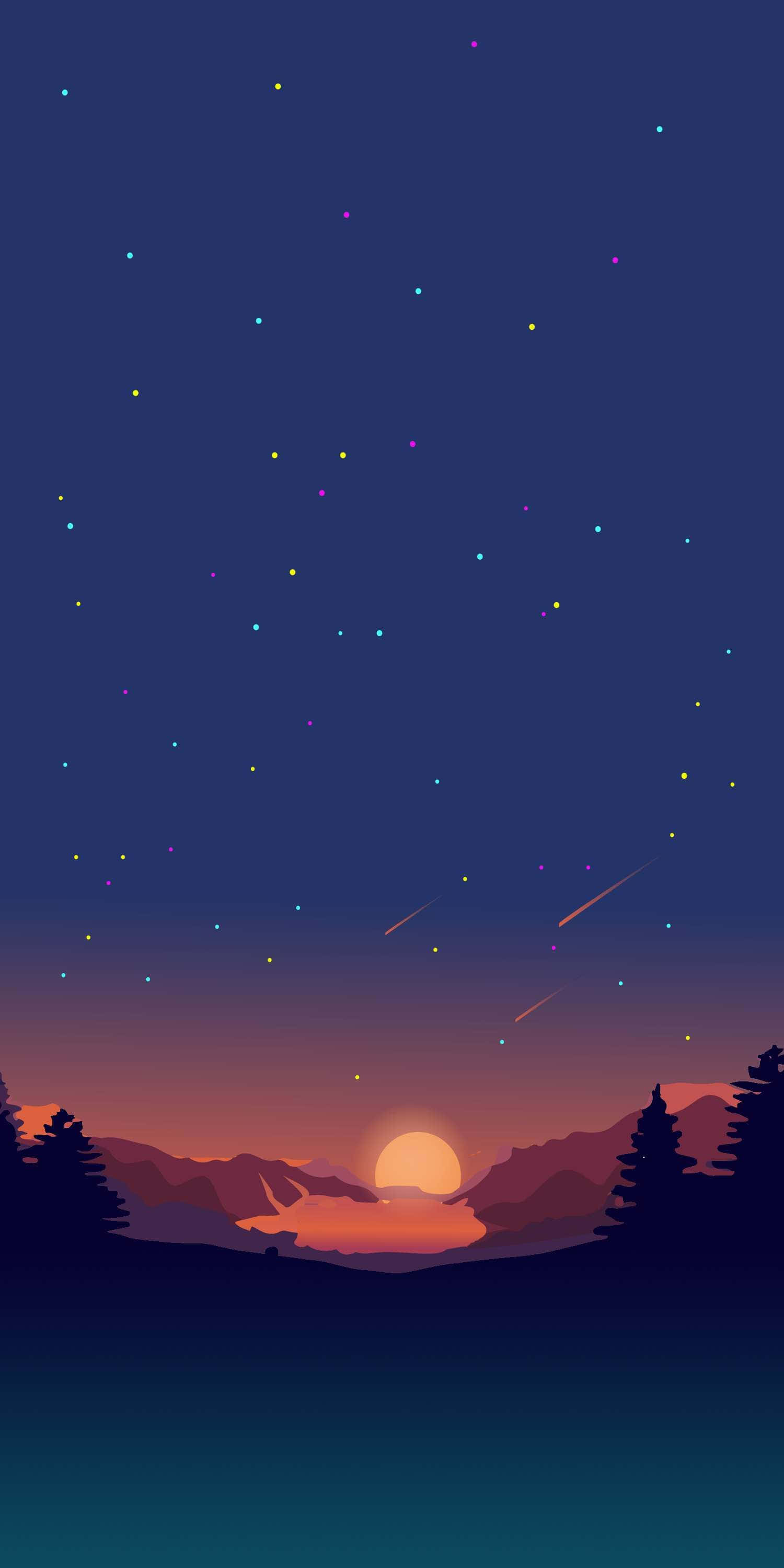 Minimalist Sunset 桌布 壁紙 — 寧靜的暮色景觀，發光的太陽落在山脈和松樹後面，星空下點綴著色彩繽紛的流星。