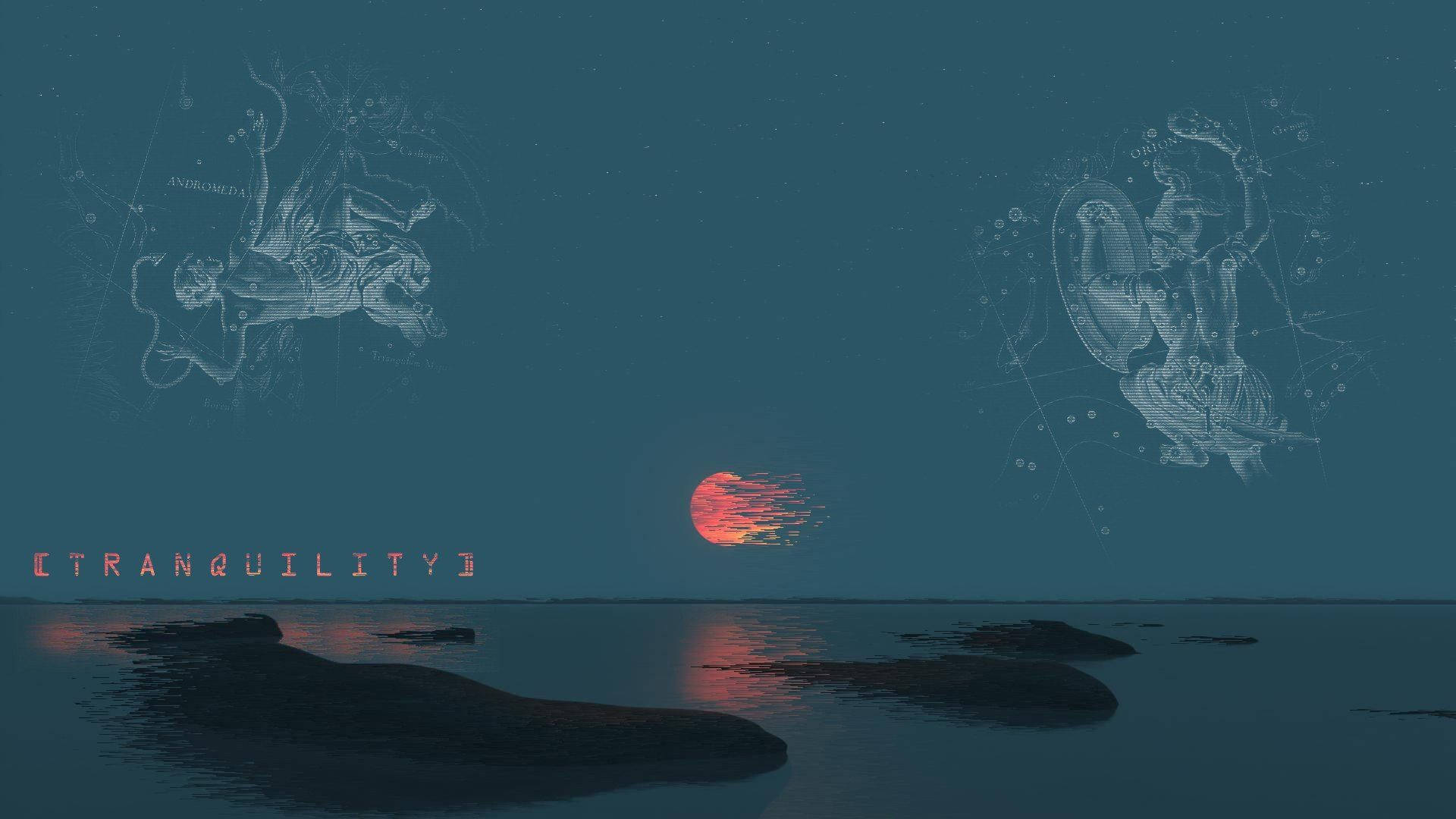 天空 桌布 壁紙 — 寧靜的暮色海景，帶有發光的紅色月亮和飄浮在黑暗水域上方的空靈星座圖案。