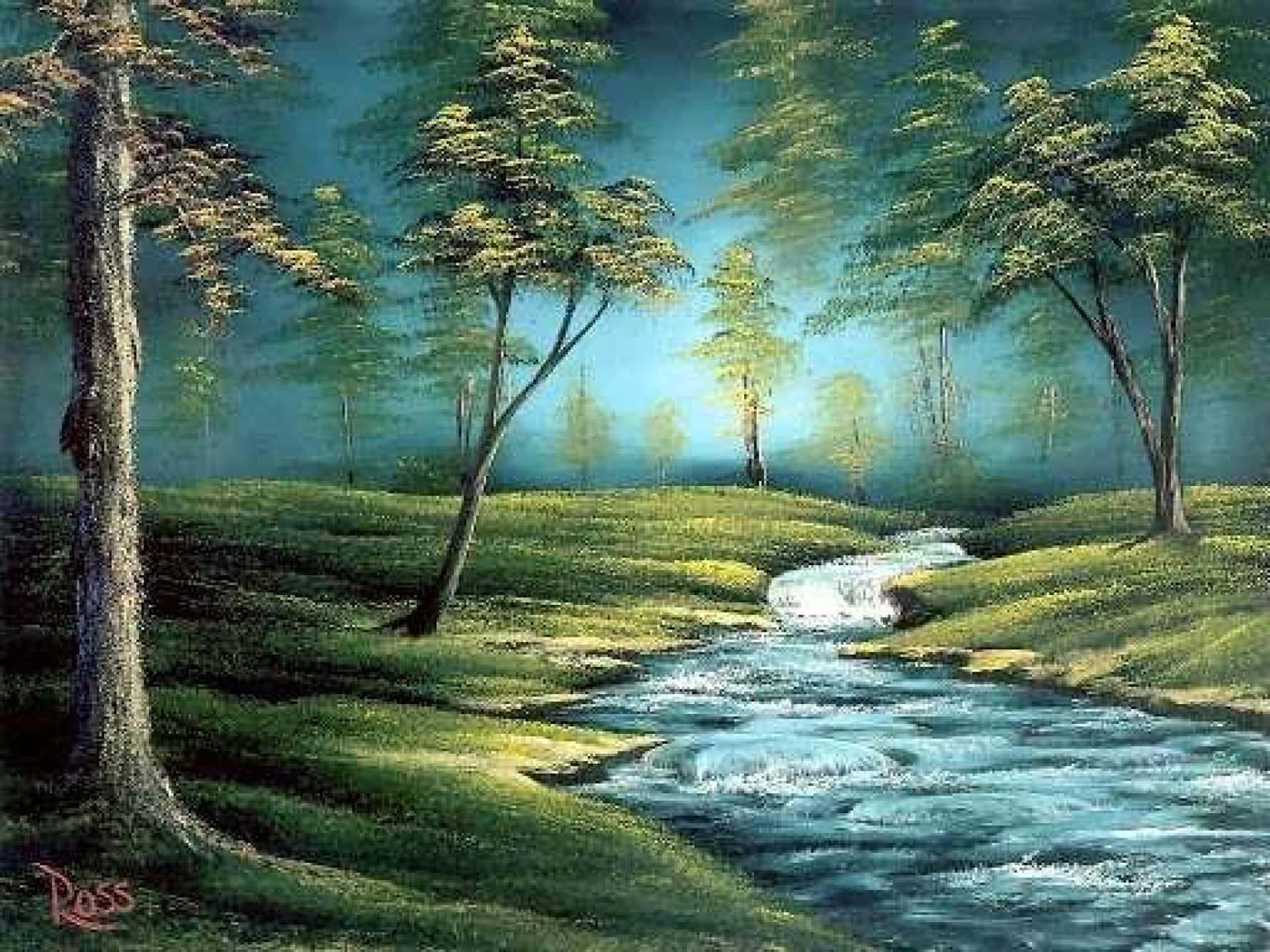 Fine Arts 桌布 壁紙 — 寧靜的森林場景，蜿蜒的小溪流經鬱鬱蔥蔥的綠色山丘，在柔和的藍天下。