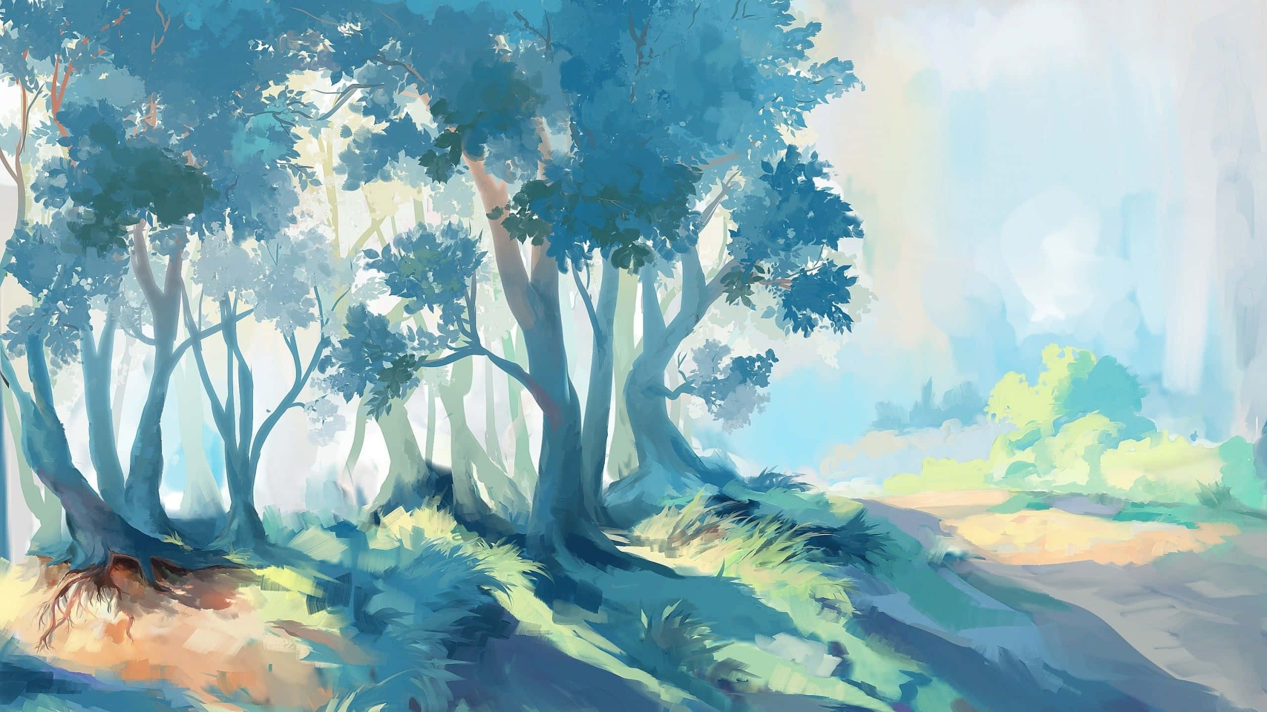 Digital Art 桌布 壁紙 — 寧靜的森林場景，高大的藍綠色樹木在陽光照射的小徑上投下柔和的陰影，天空朦朧。