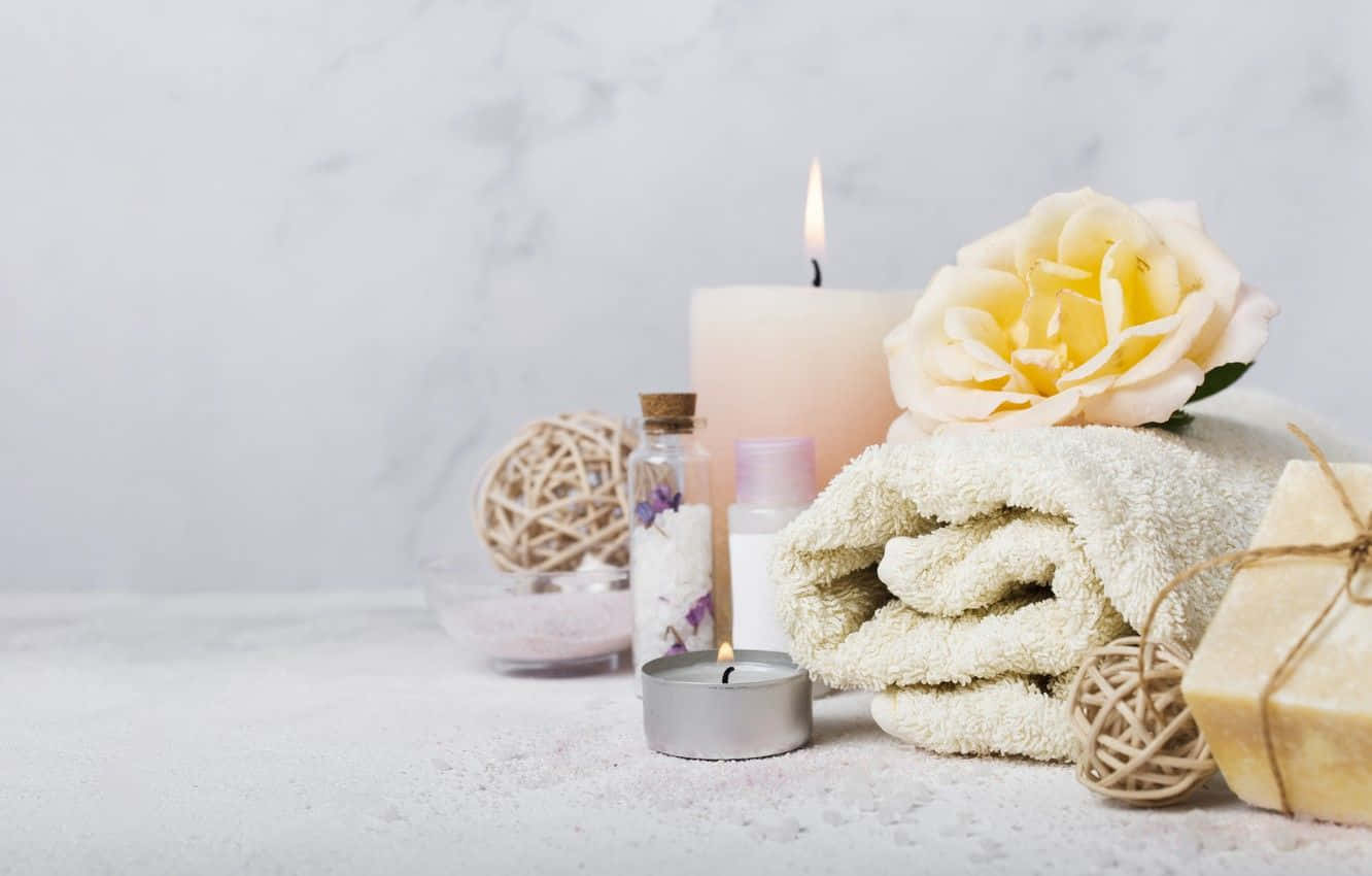 Aromatherapy 桌布 壁紙 — 寧靜的水療佈置，包括點燃的蠟燭、玫瑰、毛巾和浴鹽，擺放在大理石表面上。