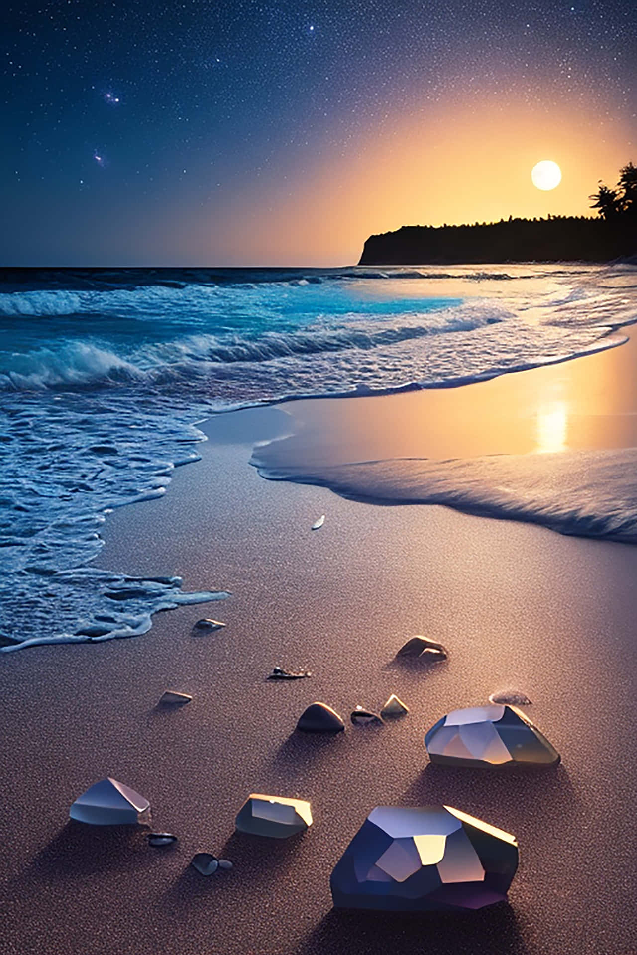 月光海灘上的寶石，有海浪和星星