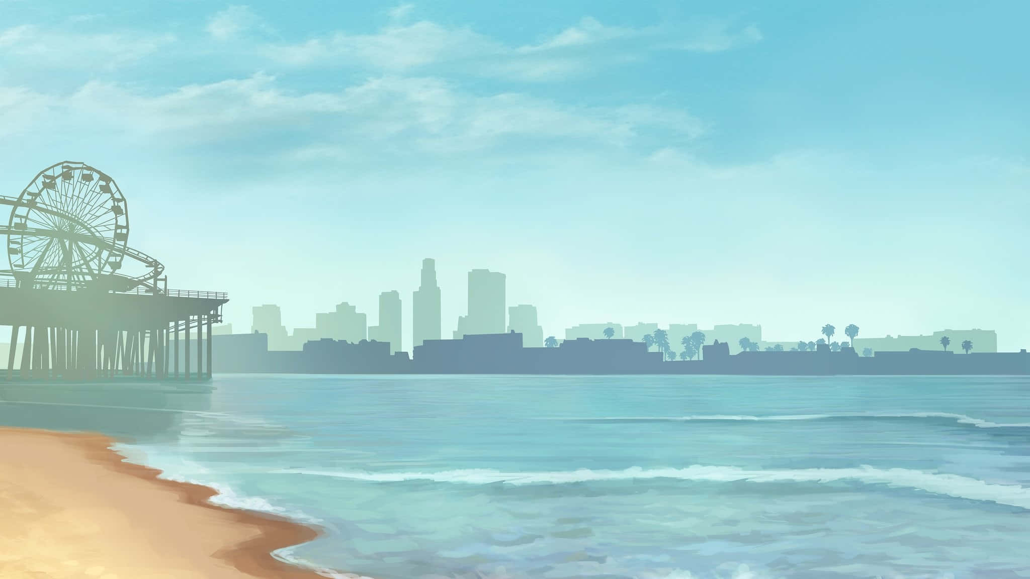 Beach Games 桌布 壁紙 — 寧靜的海岸景色，碼頭上有摩天輪，遠處的城市天際線在柔和的藍天下。