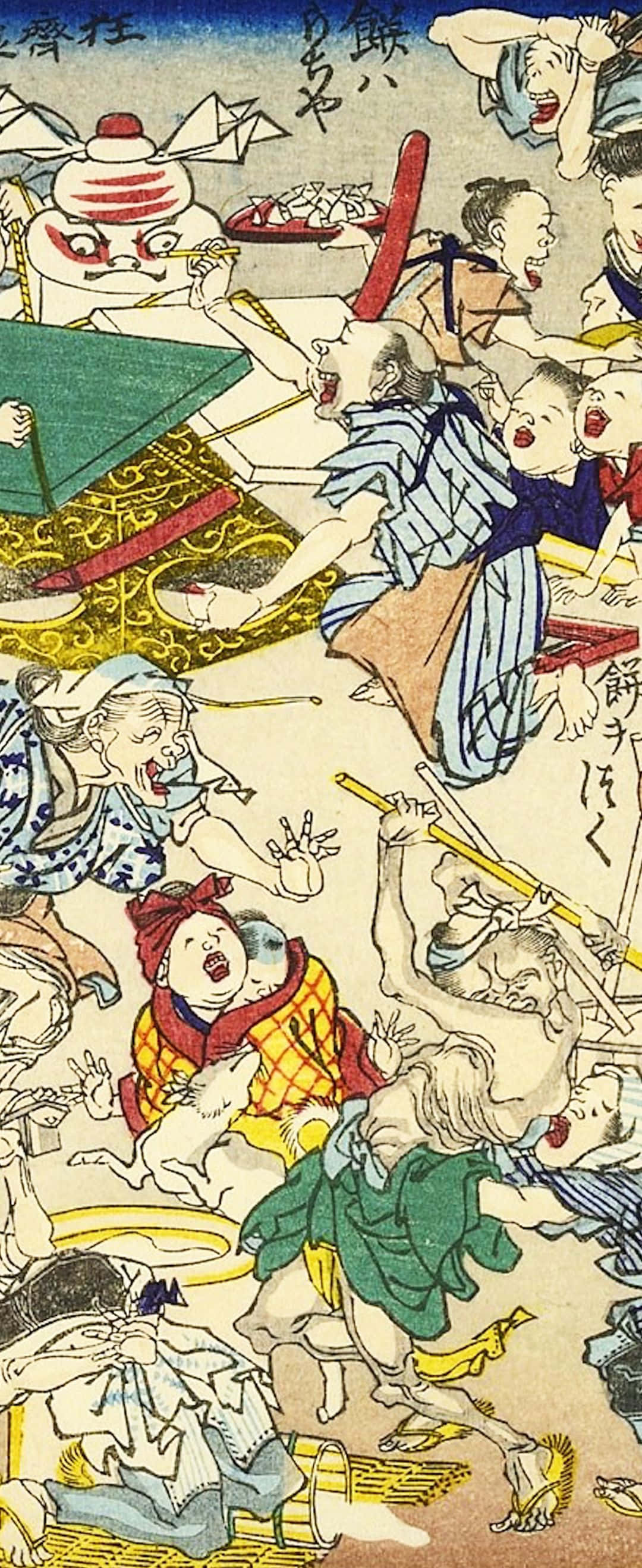 寧靜的海景 壁紙 — 一幅混亂的日本浮世繪版畫描繪了惡魔與人類在激烈戰鬥中，表情誇張，色彩鮮豔。