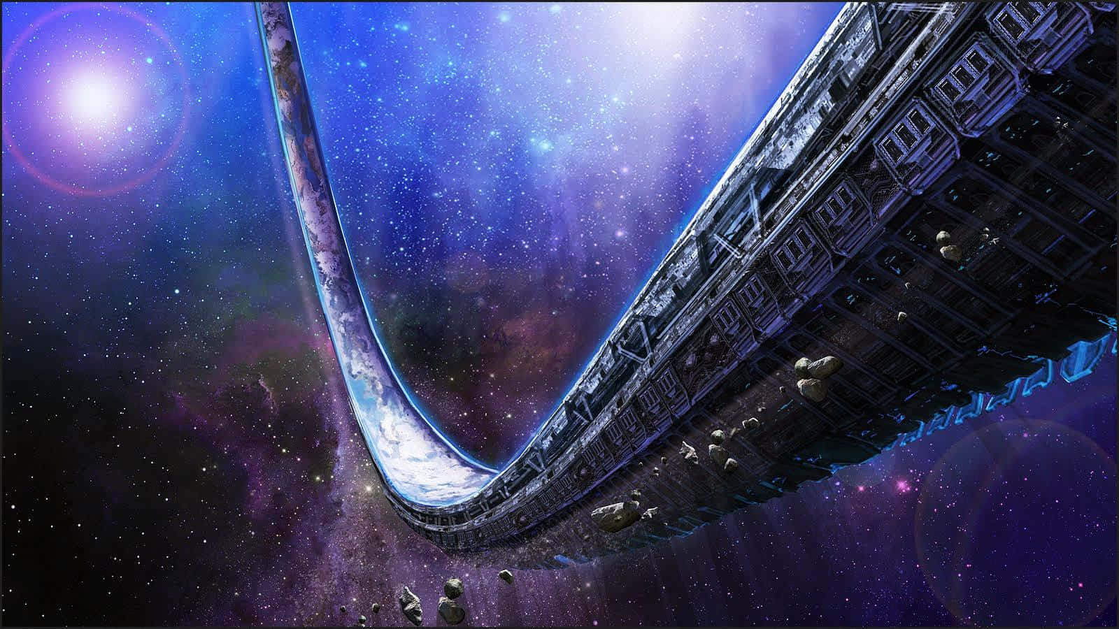 未來太空船在色彩繽紛的星空中翱翔。 — 1600x900 GIF 壁紙