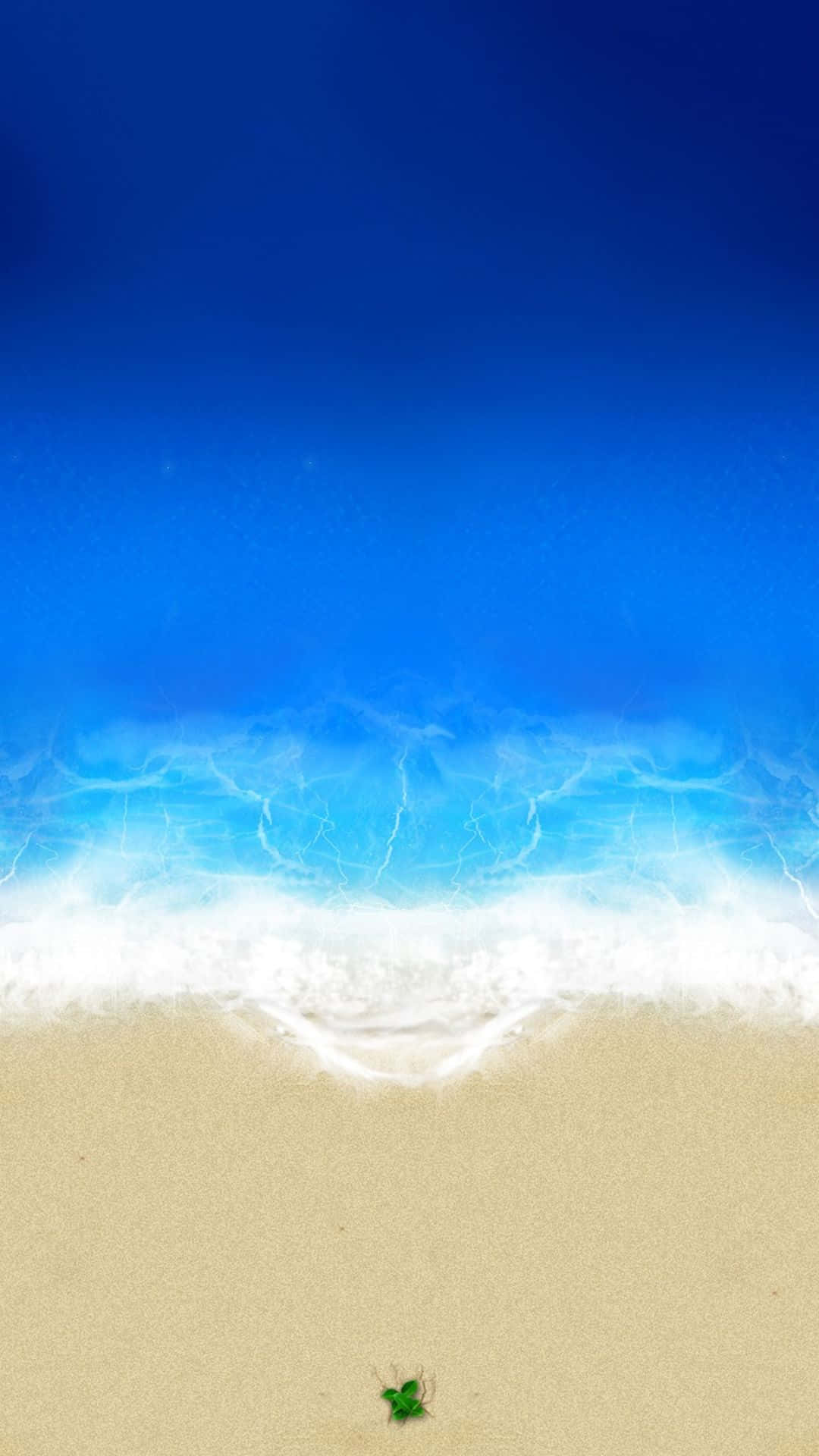 iPhone 5c 桌布 壁紙 — 寧靜的海灘場景，碧綠色的海浪拍打著金色沙灘，深藍色的天空下，岸邊有一片孤獨的綠葉。