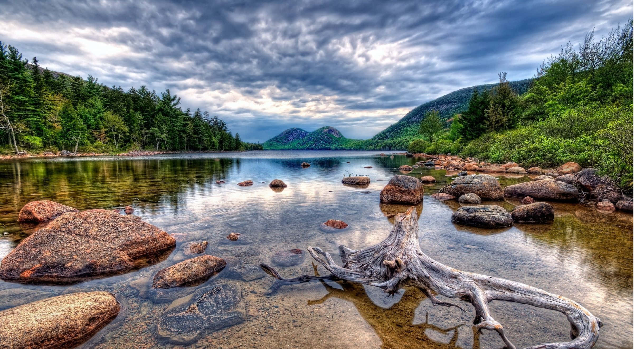 4K Hdr 桌布 壁紙 — 寧靜的湖面倒映著戲劇性的雲彩，風化的浮木和長滿苔蘚的岩石排列在淺淺的湖岸邊。