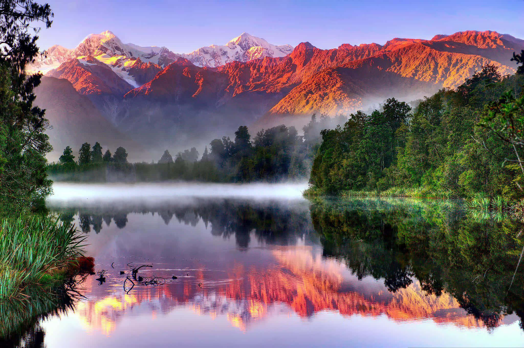 New Zealand 桌布 壁紙 — 寧靜的湖面映照著被白雪覆蓋的山峰，在日出色調中閃耀，薄霧飄過茂密的綠色森林。