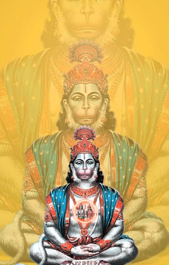 一位穿著彩色長袍的坐姿猴神，帶有發光光環，身後有更大的猴形。
