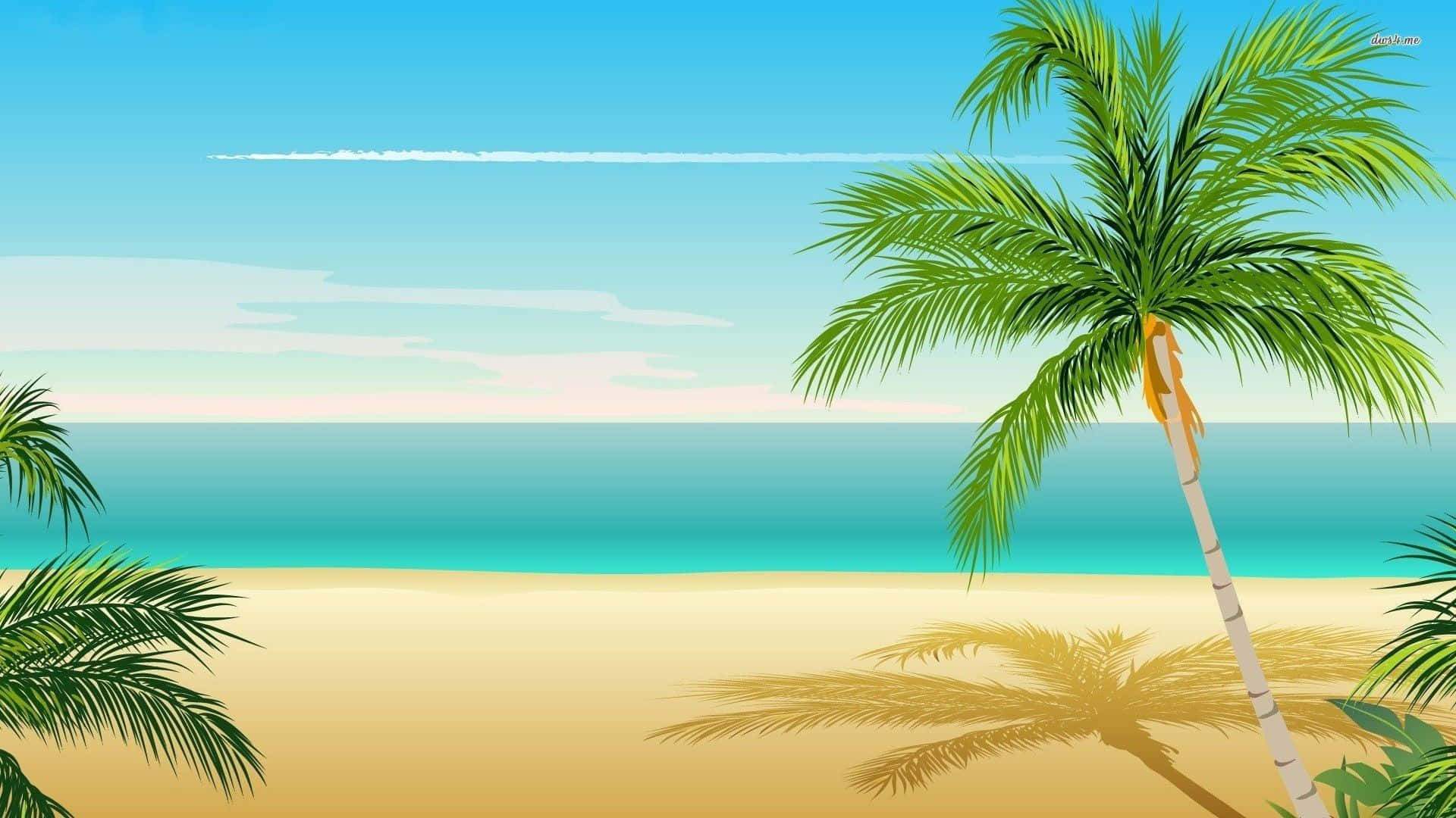 Coconut Tree 桌布 壁紙 — 寧靜的熱帶海灘，金色沙灘、碧綠海洋和茂密的綠色棕櫚樹，在清澈的藍天下。
