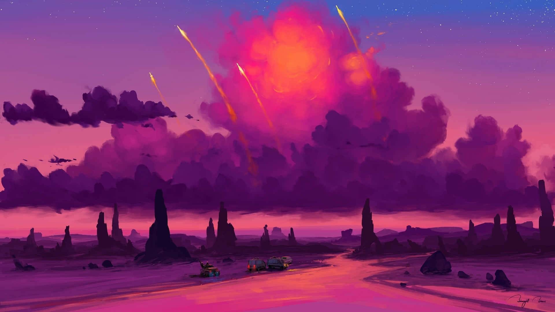 外星沙漠景觀，發光流星和紫色天空。