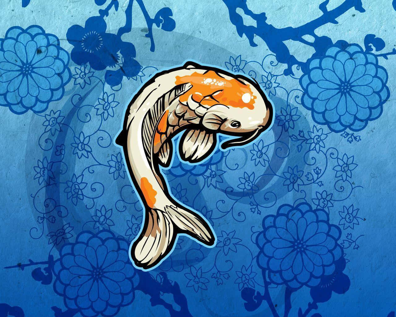 寧靜的錦鯉池 壁紙 — 一條充滿活力的橙色和白色錦鯉在帶有花卉圖案的紋理藍色背景上優雅地游動。