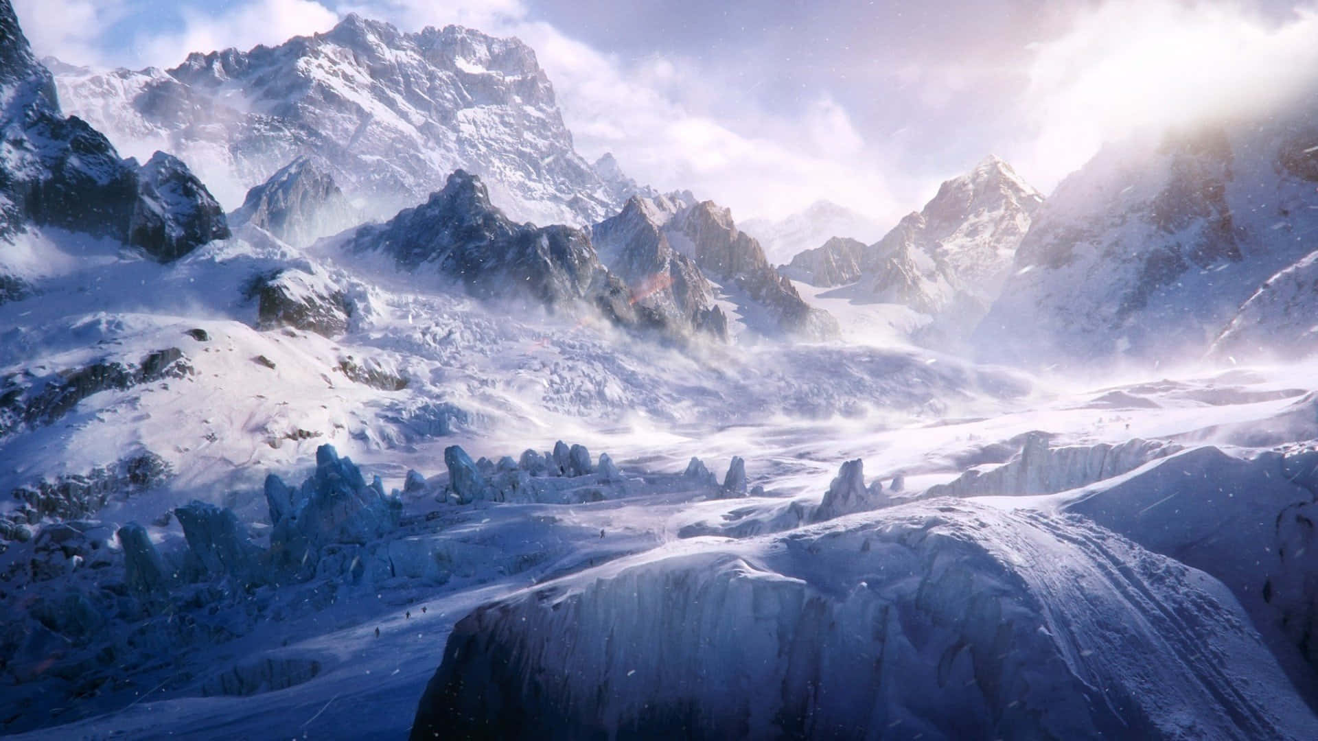 寧靜的雪景 壁紙 — 雄偉的雪山山脈沐浴在柔和的黎明光芒中，薄霧在冰峰之間繚繞。