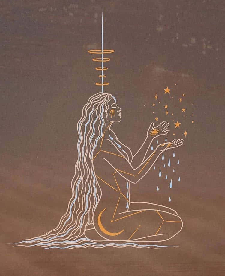 寧靜的靈性 壁紙 — 一位長髮的寧靜女性跪在水中，雙手捧著墜落的星星和雨滴，頭頂上有天體光環。