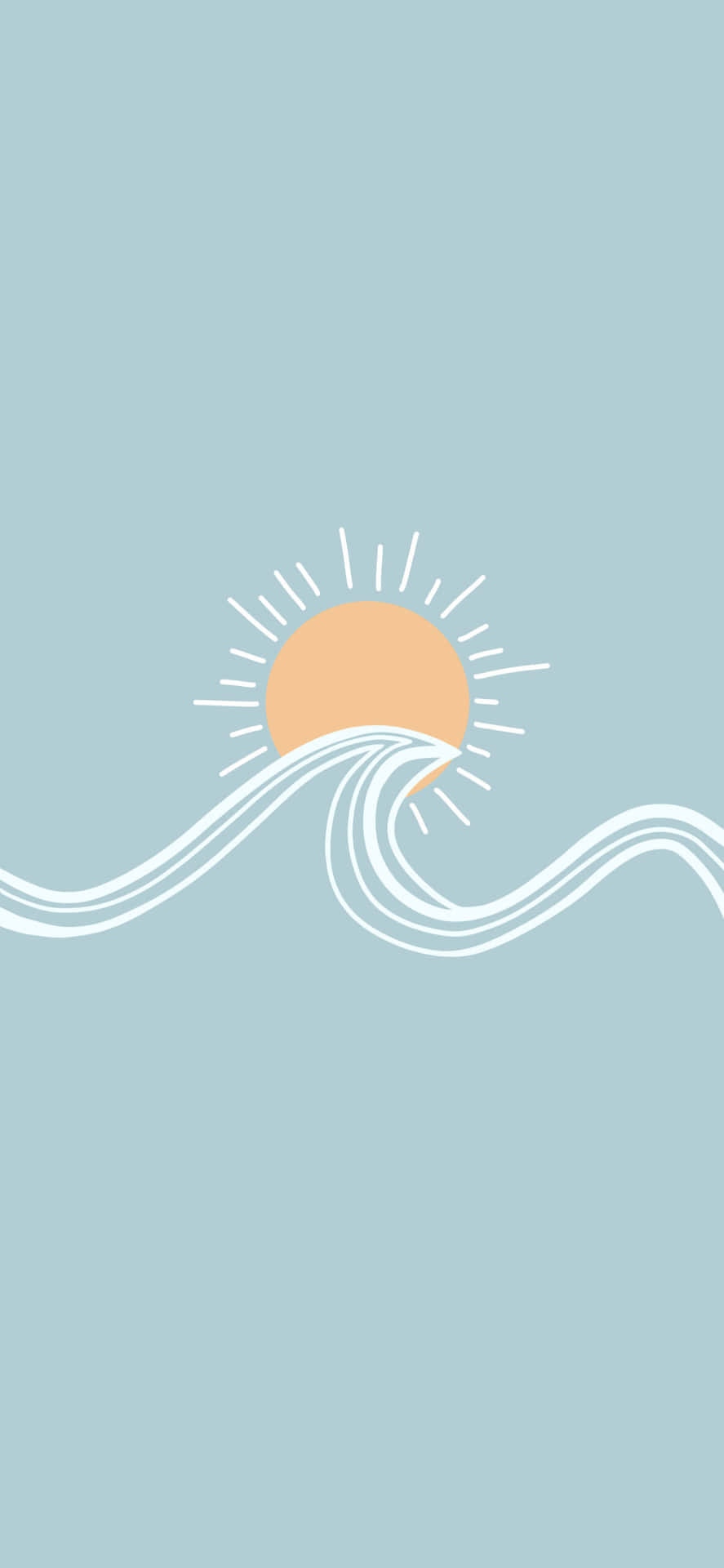 太陽在藍色背景上以極簡風格升起於海浪之上