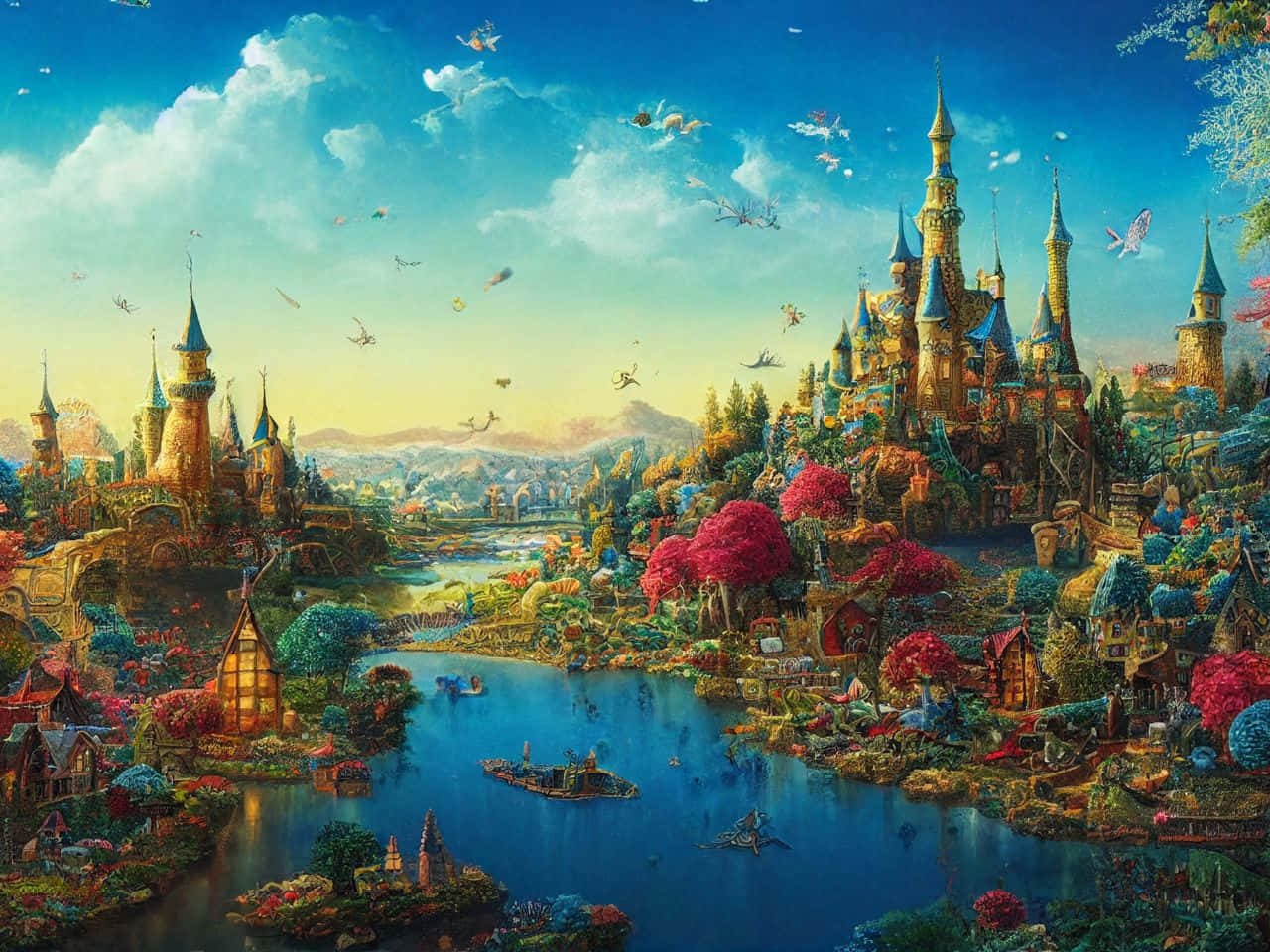 寧靜的風景畫 壁紙 — 一個充滿活力的奇幻王國，擁有高聳的城堡、色彩繽紛的樹木和飛行的生物，坐落在明亮的天空下寧靜的藍色湖泊旁。