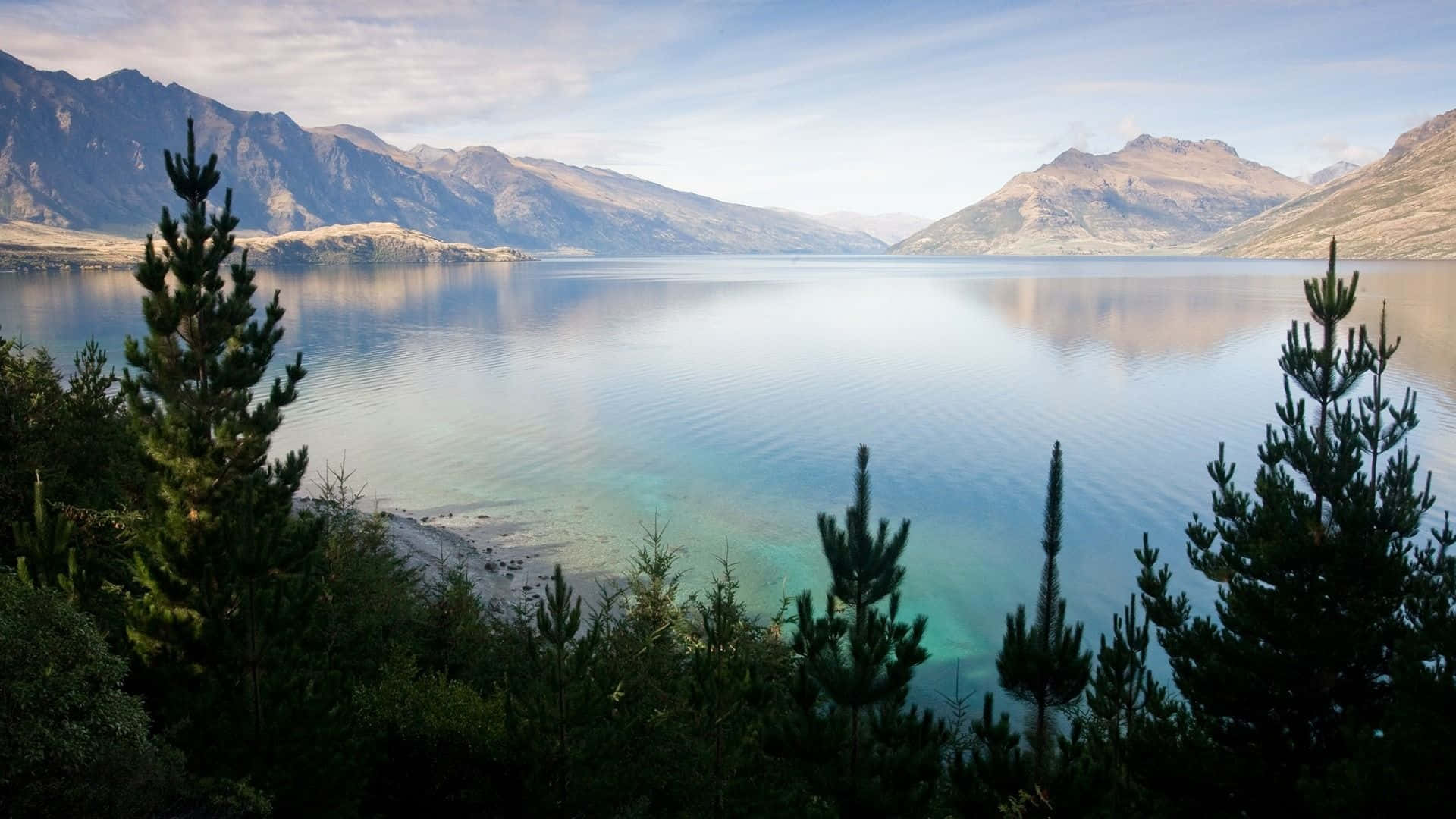 New Zealand 桌布 壁紙 — 寧靜的高山湖泊映照出遠處崎嶇的山脈，在柔和藍天下被深色松樹環繞。