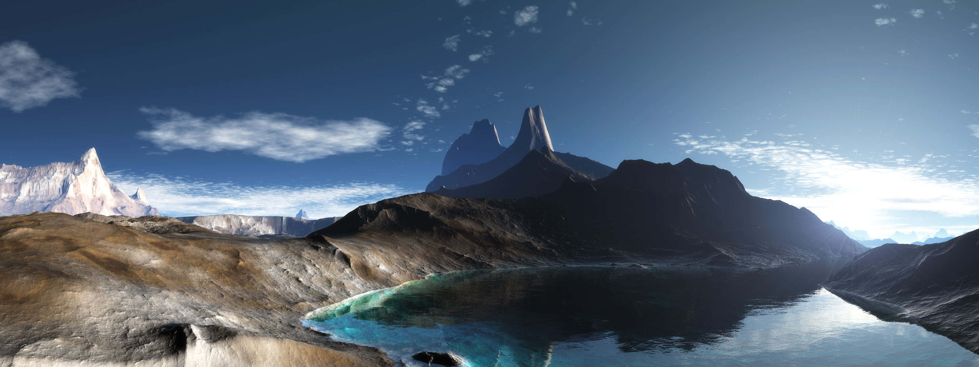 3d Landscape 桌布 壁紙 — 寧靜的高山湖泊映照著崎嶇的雪峰，廣闊藍天中飄著縷縷白雲。