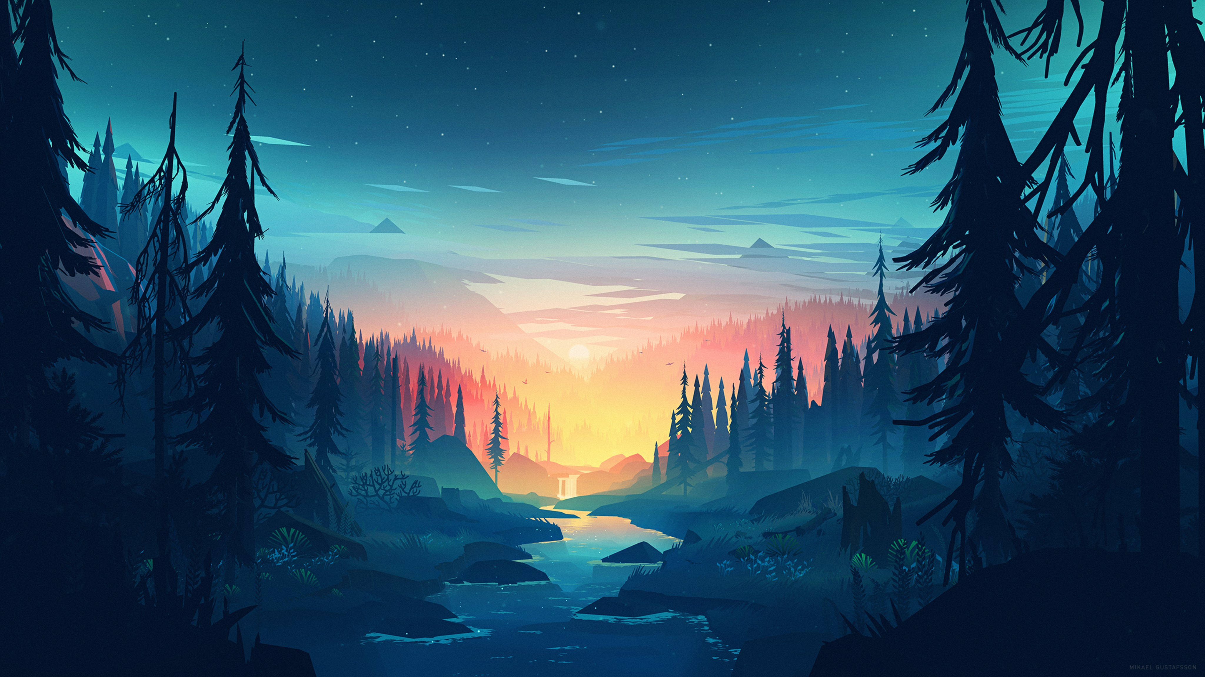 森林 桌布 壁紙 — 寧靜的黃昏森林場景，一條發光的河流在星空下蜿蜒穿過松樹。