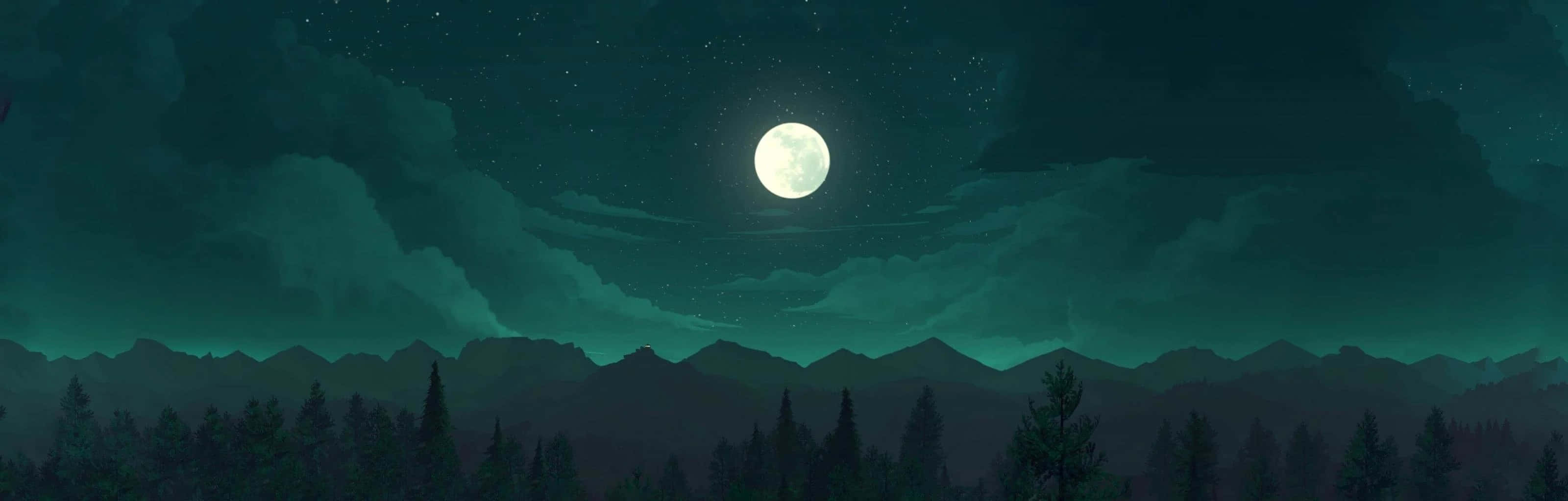 寧靜秋日森林 壁紙 — 寧靜的夜景，滿月在黑暗的山脈和森林上空發光，下方是繁星點點的藍綠色天空。