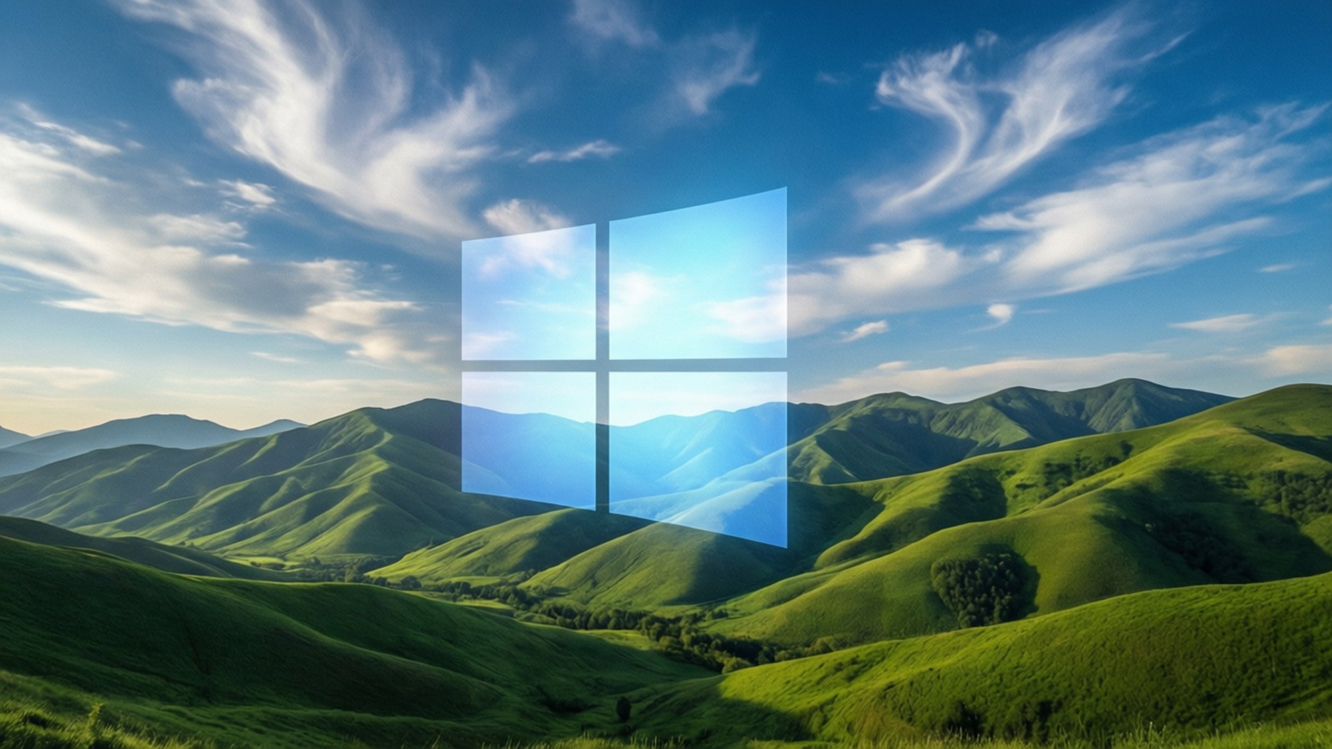 Windows標誌疊加在藍天下風景如畫的綠色山脈上。