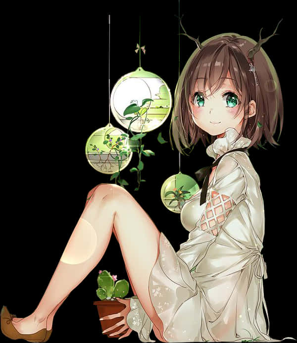 寧靜綠意動畫女孩 壁紙 — 一個開心的動漫女孩，頭上有鹿角，坐在黑色背景前，旁邊掛著玻璃盆栽和一個盆栽仙人掌。