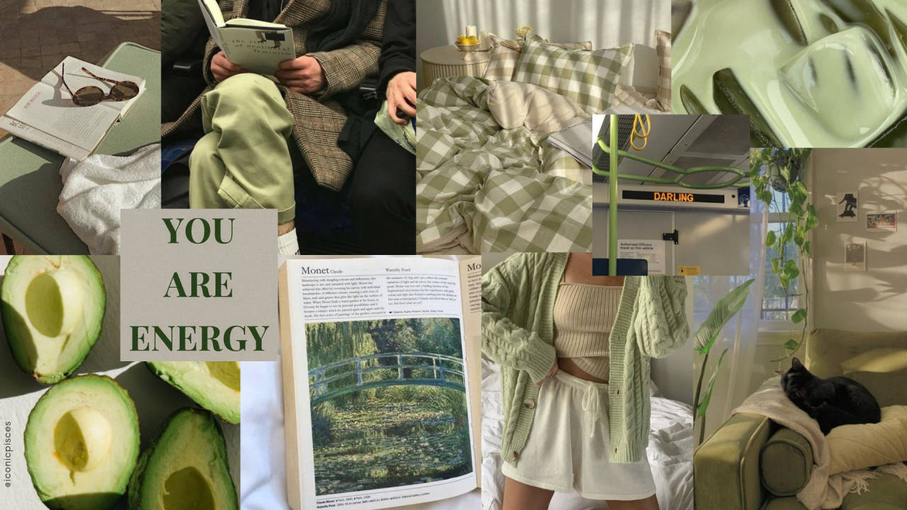 綠色美學 桌布 壁紙 — 寧靜綠色主題的拼貼畫：牛油果片、莫奈的睡蓮、閱讀的人、打盹的貓和舒適的室內環境。