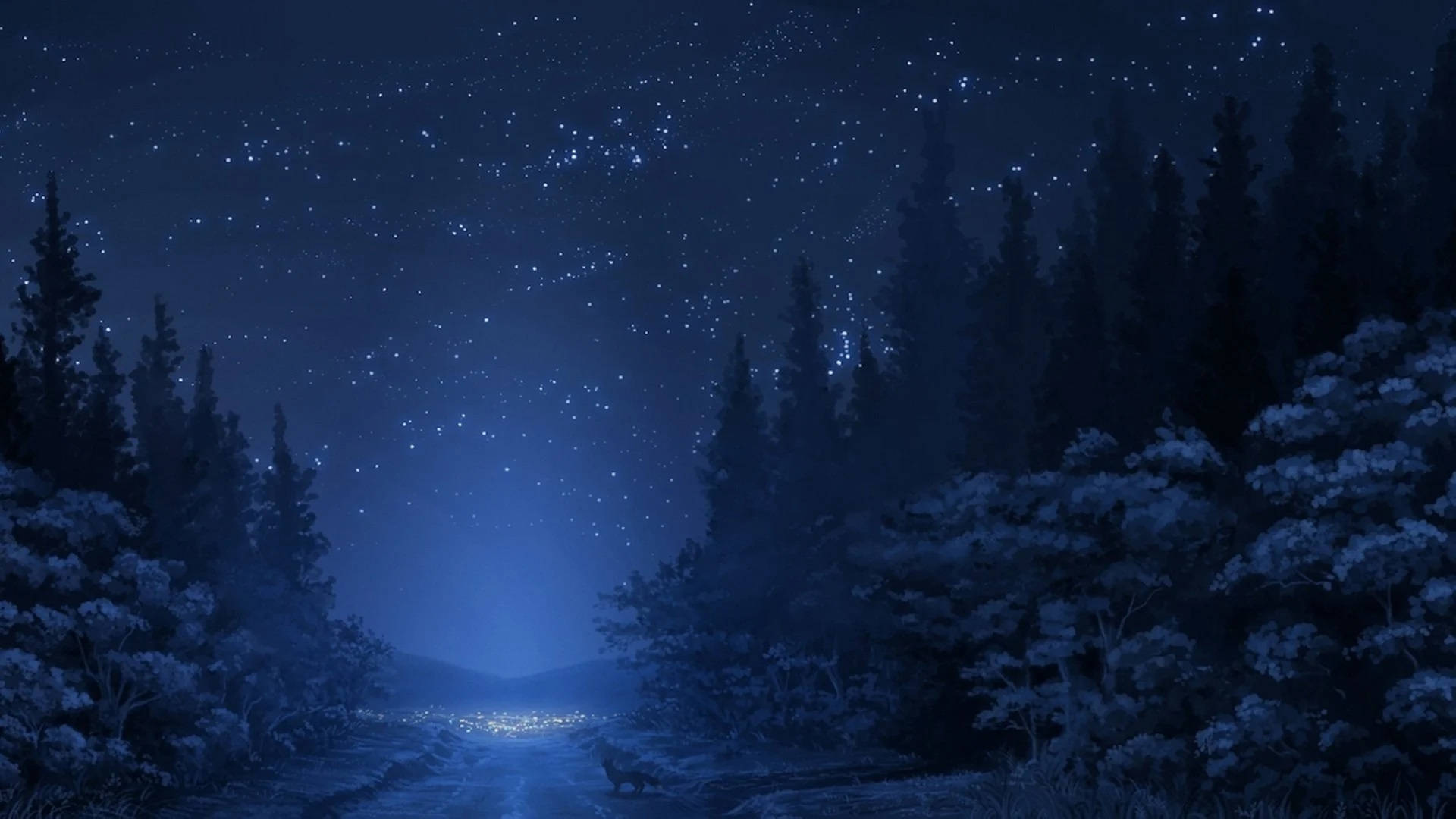穿過森林的星空夜路通往遠方發光的燈光。