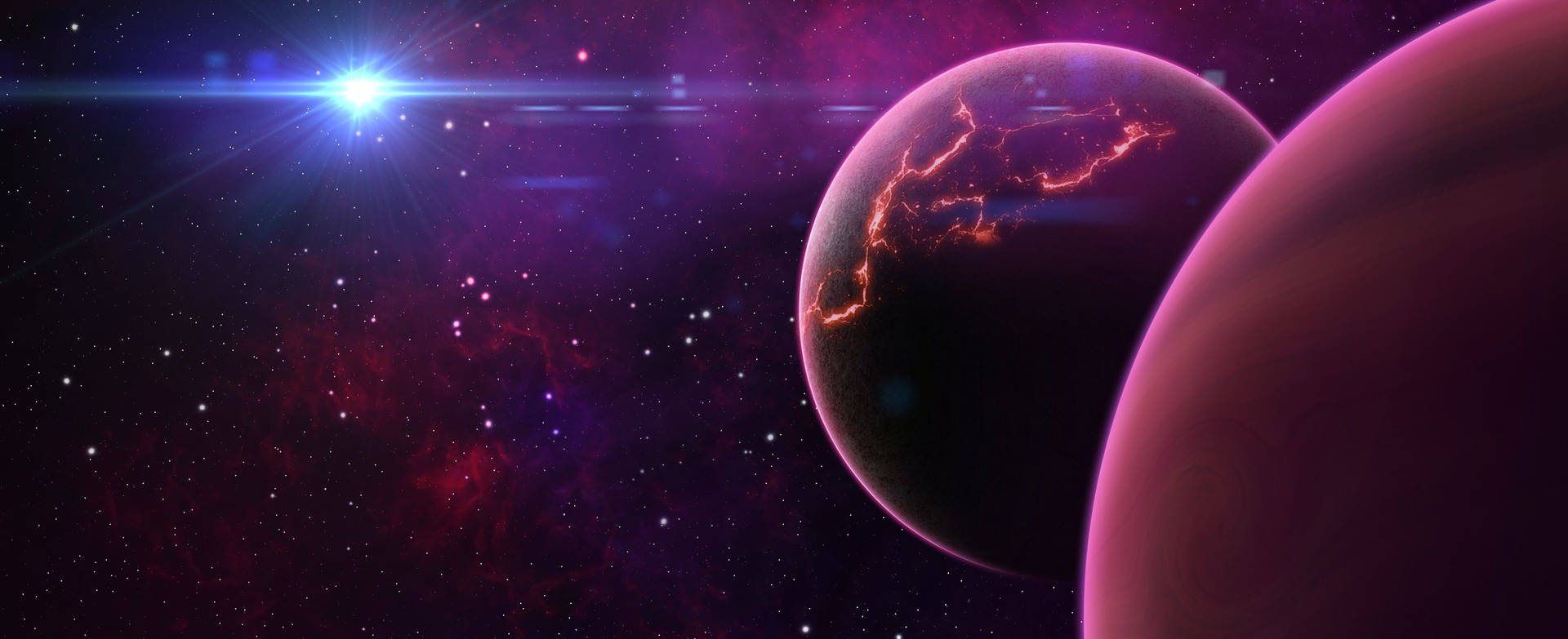 兩顆行星在色彩繽紛的星雲中，遠處有一顆明亮的星星閃耀。