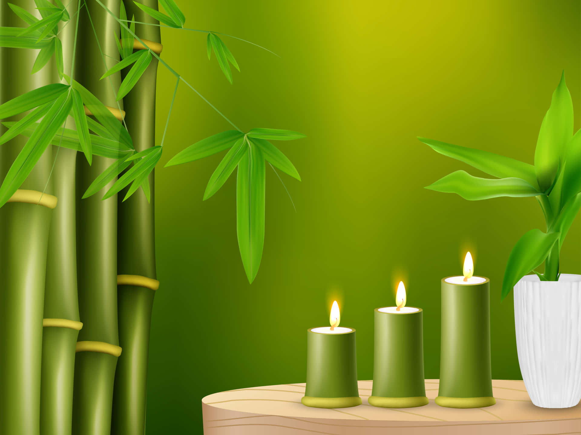 寧靜與健康：奢華水療場景 壁紙 — 三根點燃的綠色蠟燭放在木桌上，旁邊有竹莖和盆栽植物，背景是綠色漸變。