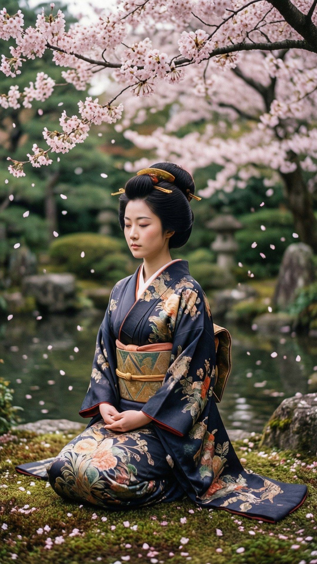 寧靜花園 壁紙 — 一位穿著花卉和服的寧靜女子跪在飄落的櫻花下，旁邊是一個長滿青苔的寧靜池塘。