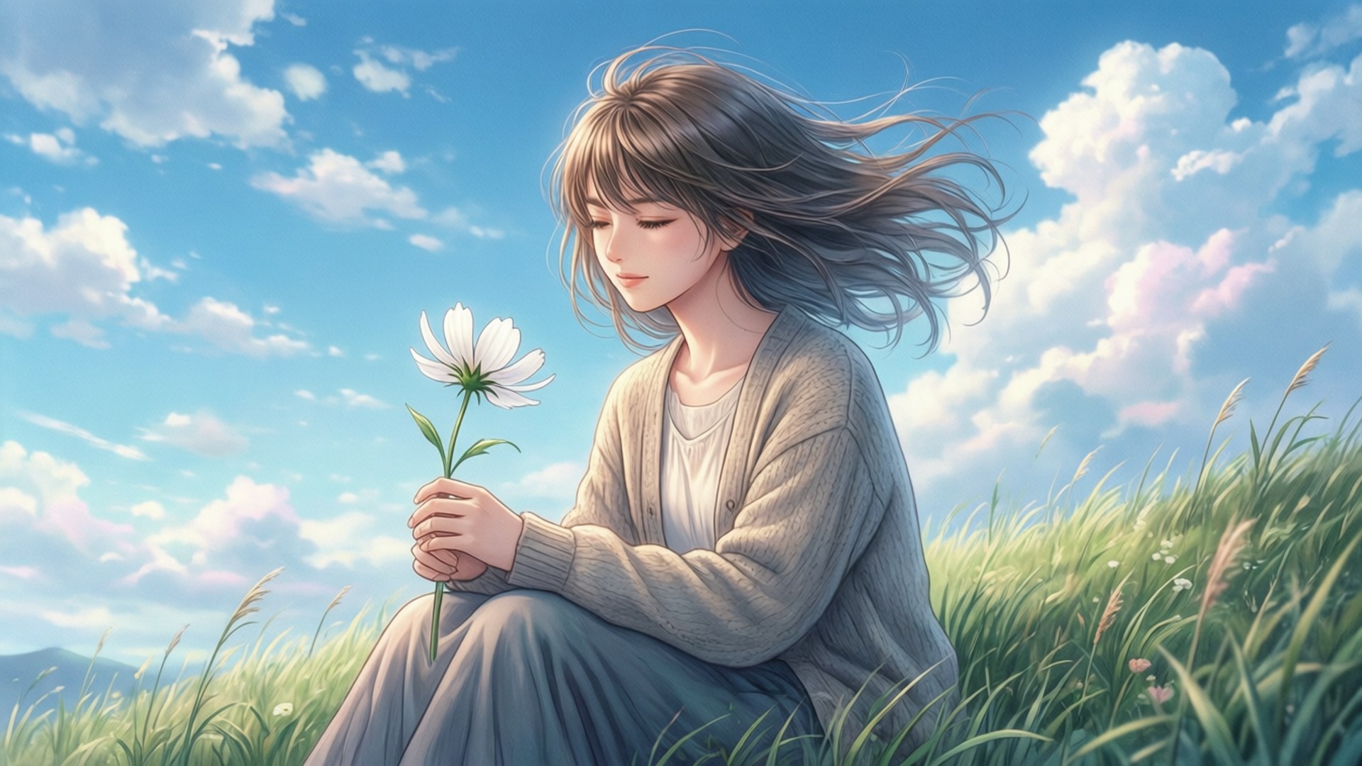 一位年輕女子坐在草地上，在藍天下手持一朵白花。