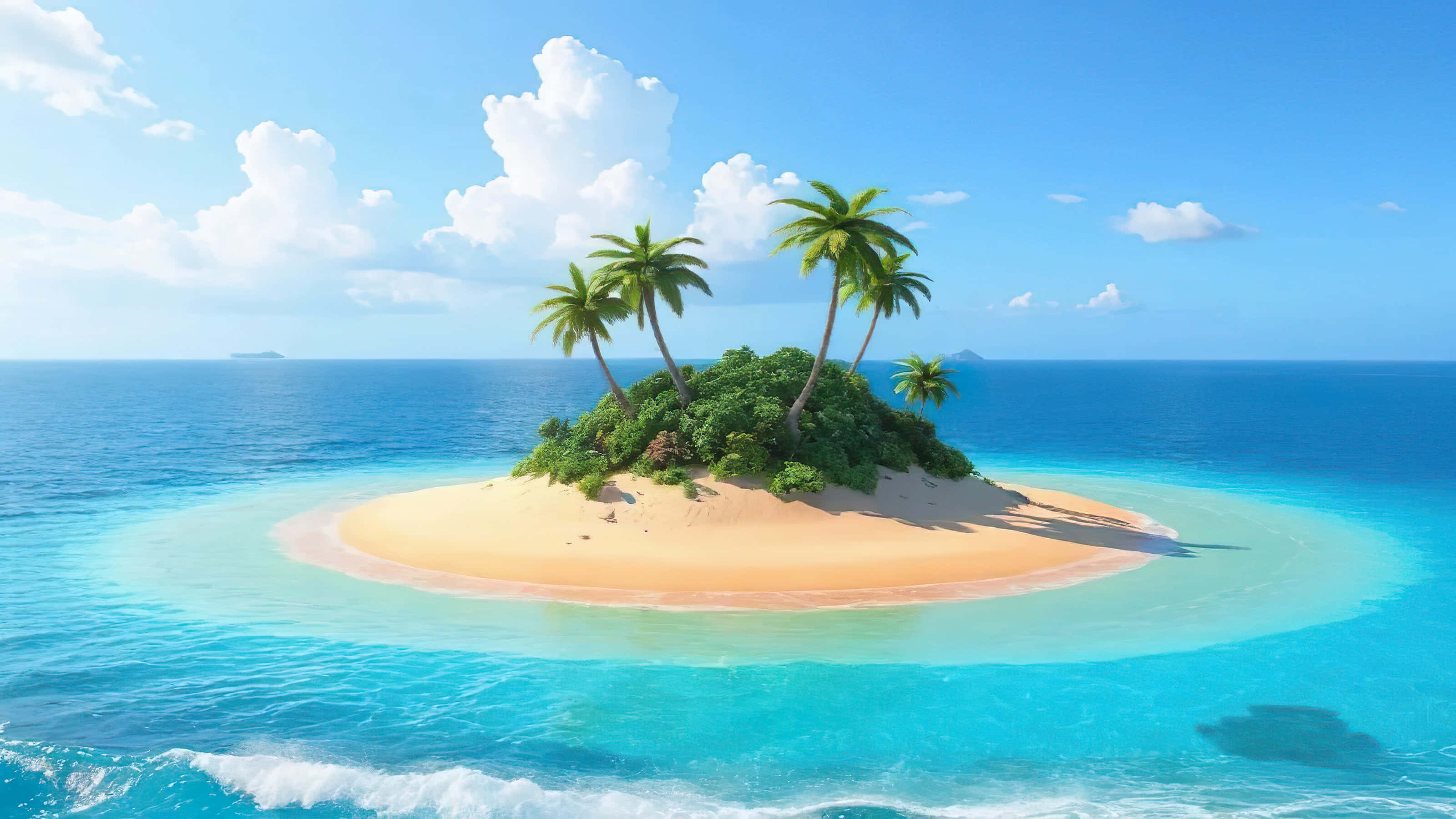 寧靜藍色海洋與晴空下的海浪 壁紙 — 一個原始熱帶島嶼，擁有金色沙灘和茂密的棕櫚樹，被清澈的碧綠海水環繞，上方是明亮的藍天和蓬鬆的白雲。