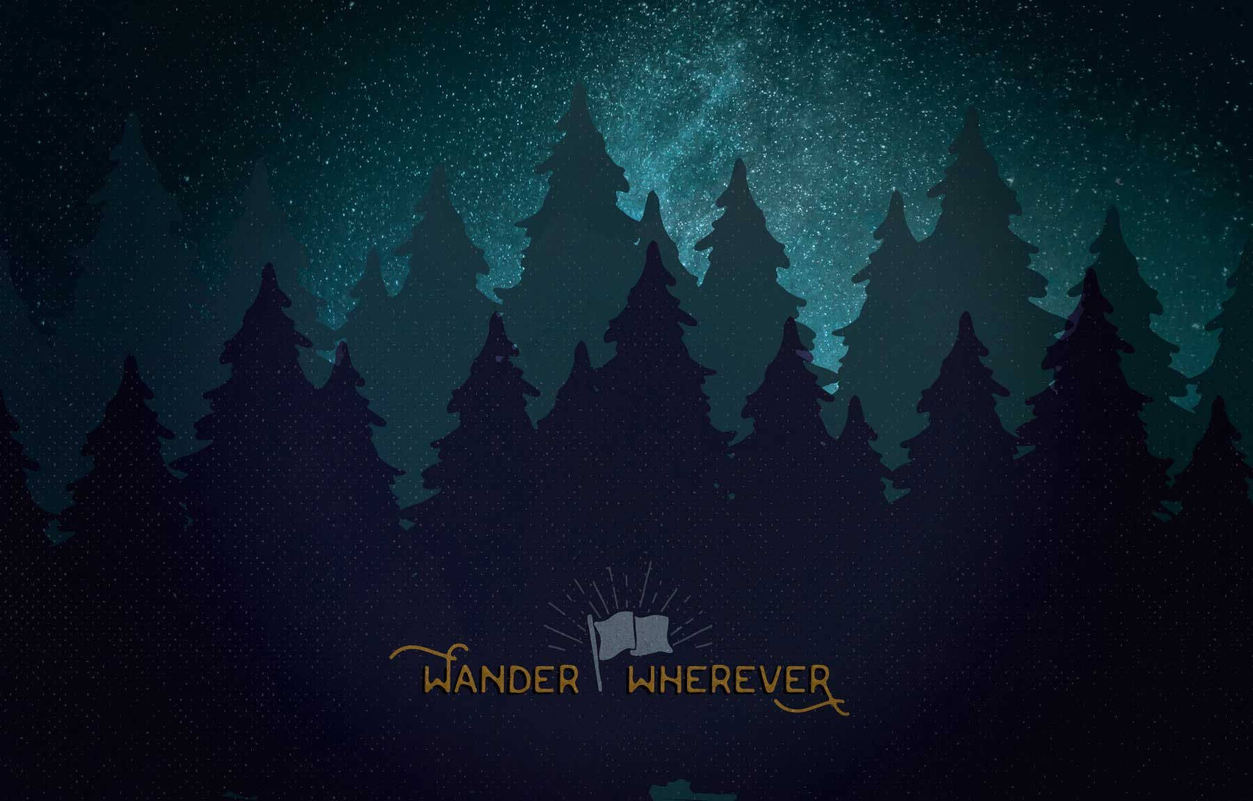 繁星深藍色天空下的森林剪影，帶有「Wander Wherever」標誌