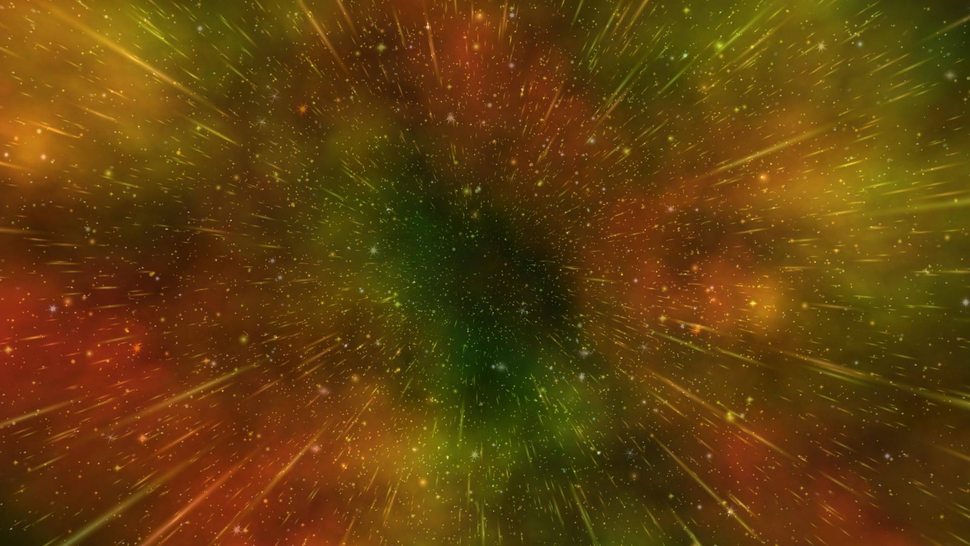充滿活力的宇宙星雲，帶有流星和發光的綠色橙色雲彩。