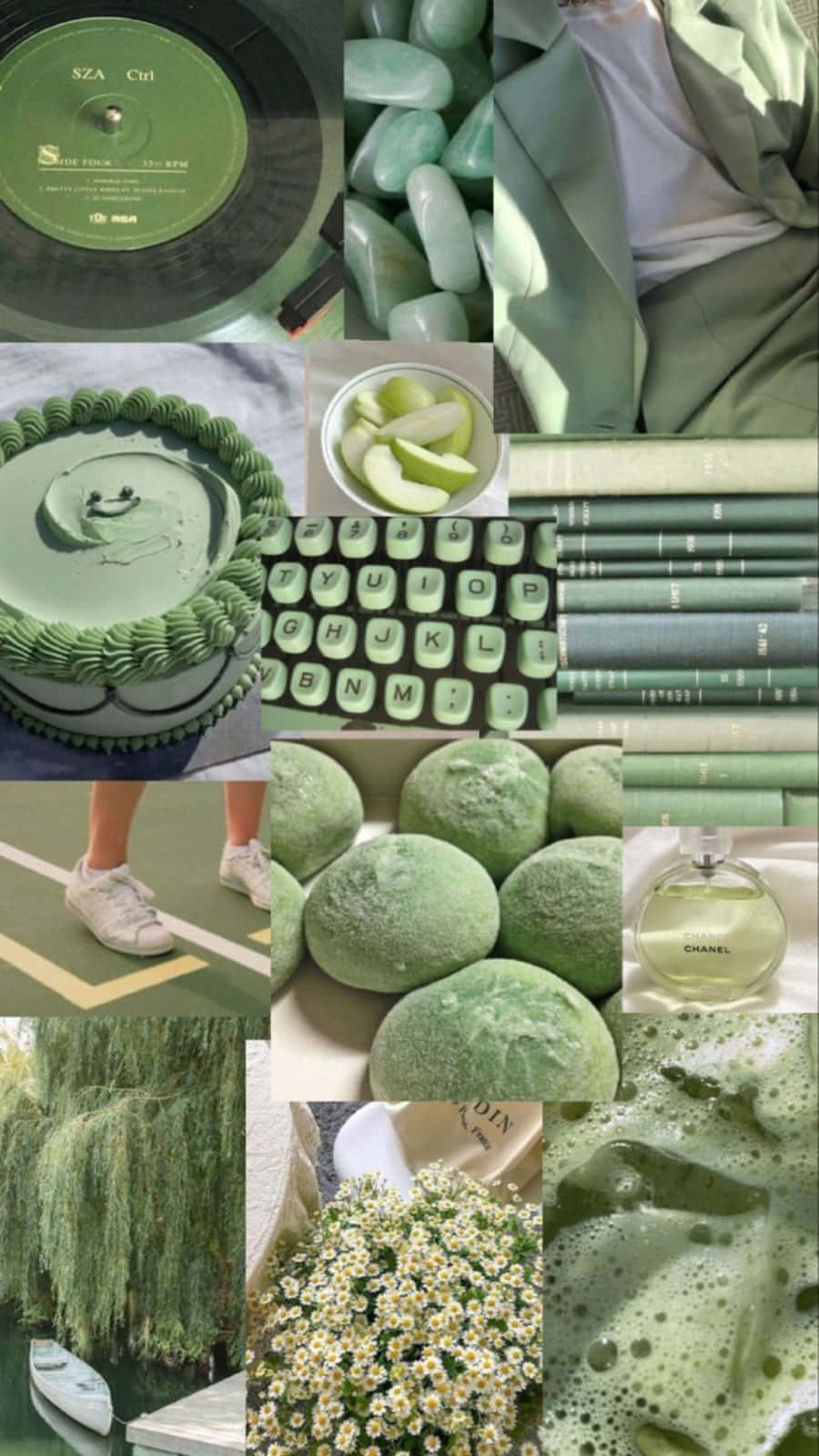 薄荷綠色主題拼貼畫，包含音樂、書籍、蛋糕和自然元素。