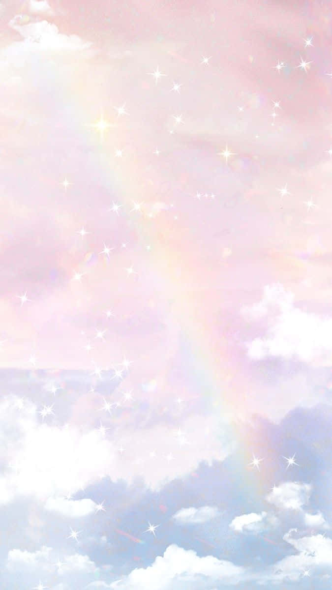 寧靜雲朵的美學場景 壁紙 — 夢幻嘅粉彩天空，有柔和嘅彩虹同閃爍嘅星星喺 fluffy 雲層中漂浮。