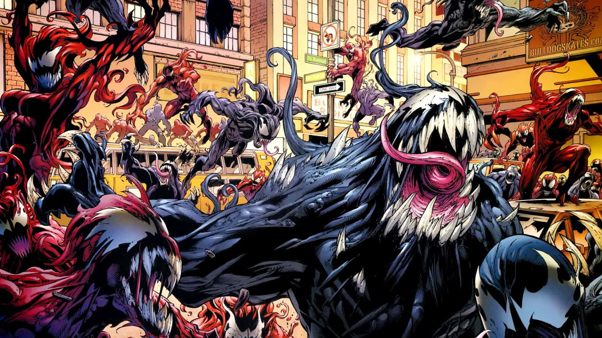 Venom 和共生體在城市街道場景中攻擊。