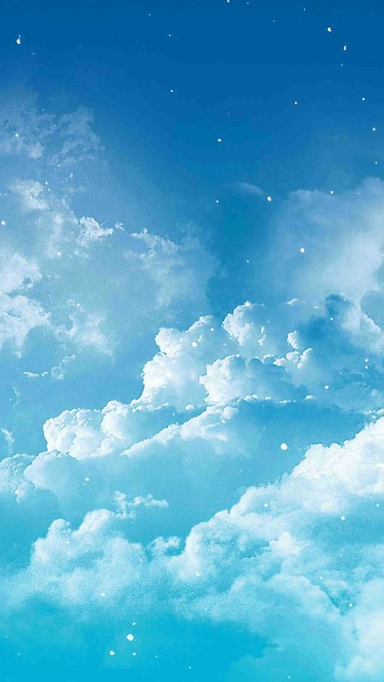 審美多雲天氣 壁紙 — 廣闊蔚藍的天空，充滿蓬鬆的白雲和散落的閃爍星星，在柔和的白日光下。