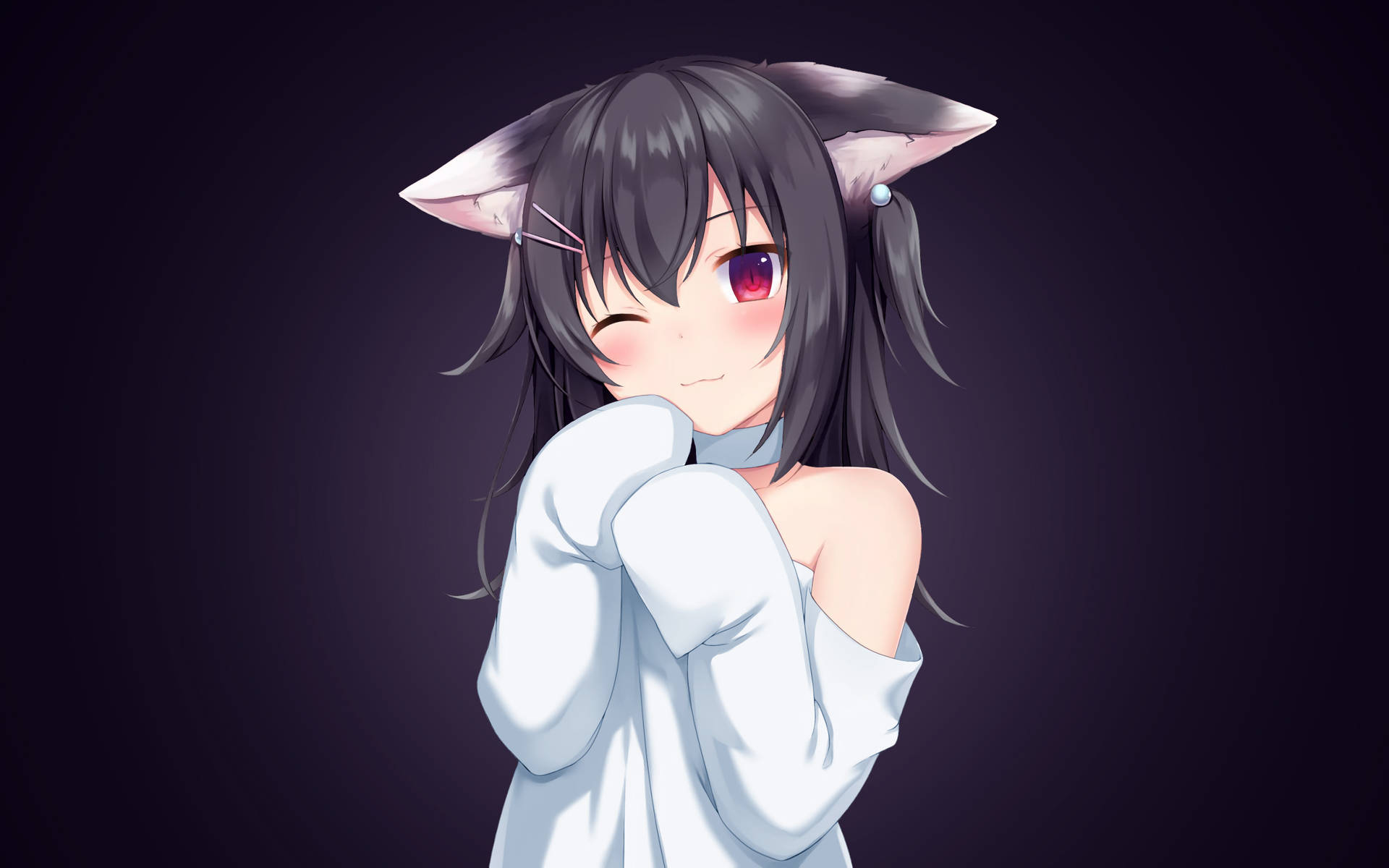動漫女孩，狐狸耳朵，穿著白色襯衫，害羞地眨眼並擁抱自己。