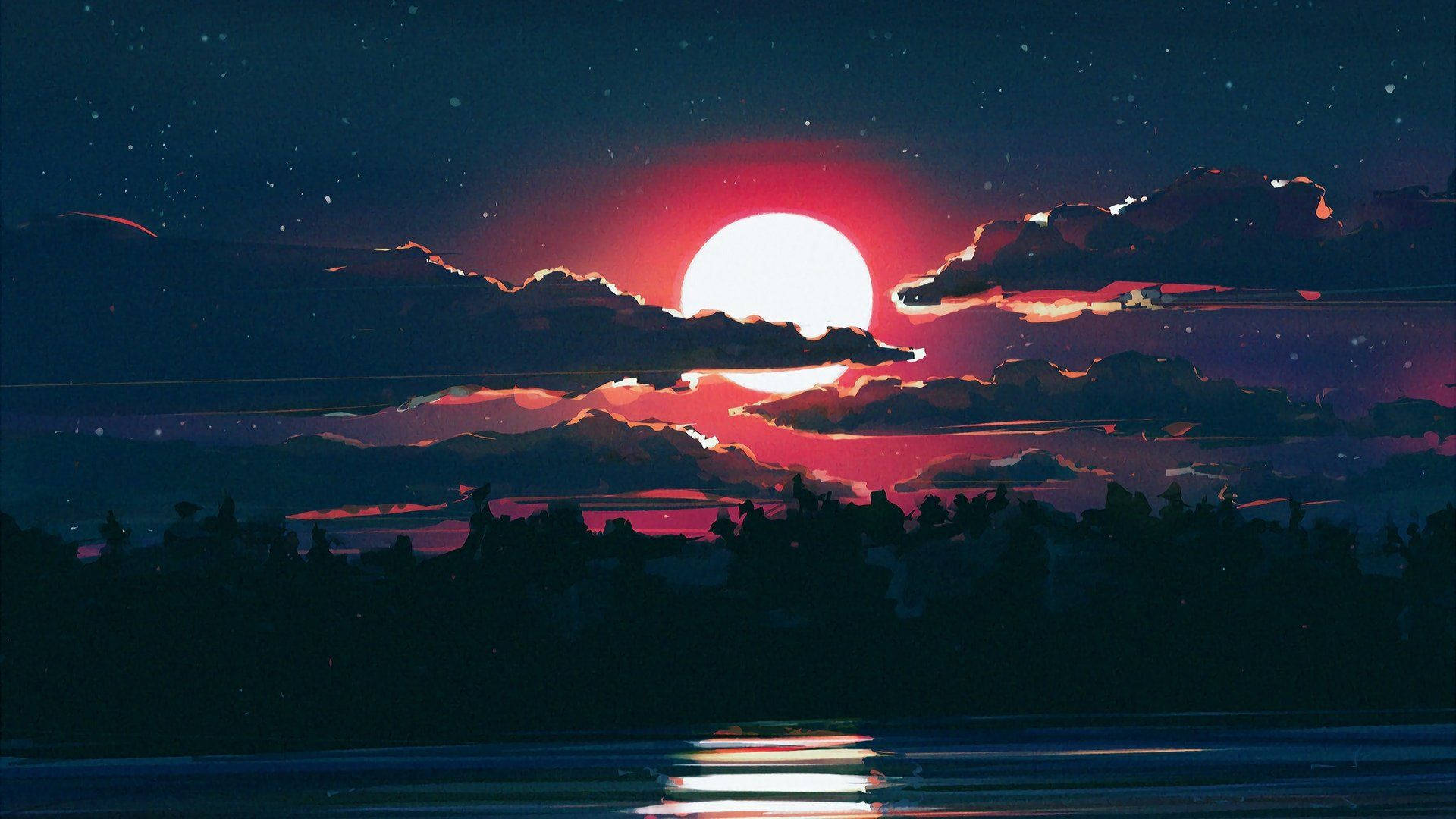 審美月相與樹影數位畫 壁紙 — 一顆發光的紅色夕陽在黑暗的雲層後落下，映照在平靜水面上的剪影森林，上方是繁星點點的夜空。