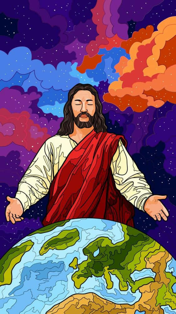 耶穌張開雙臂站在地球之上，背景是色彩繽紛的宇宙天空。