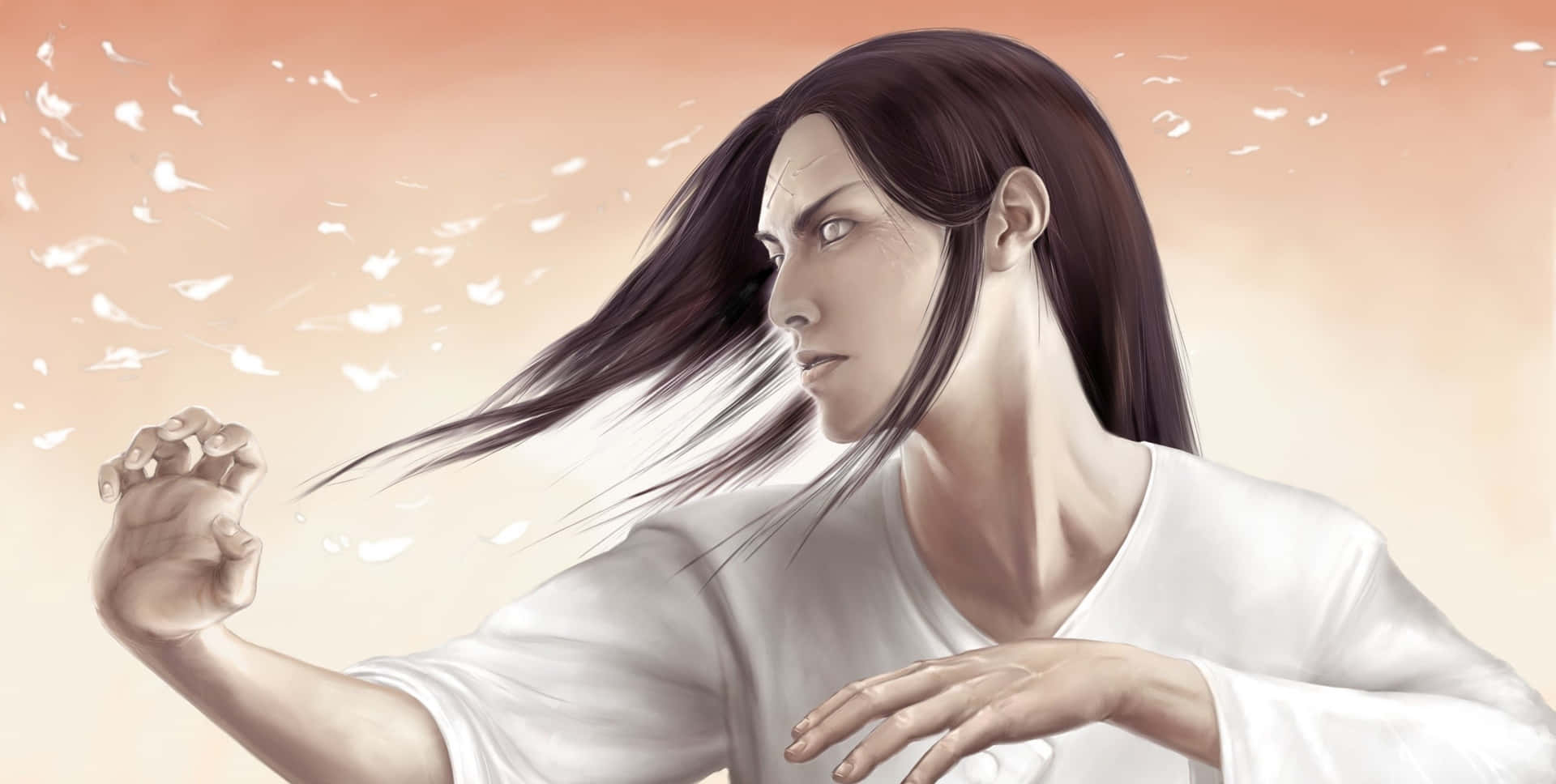 動漫男子身穿白色長袍，在蜜桃色天空中引導能量，花瓣旋轉。
